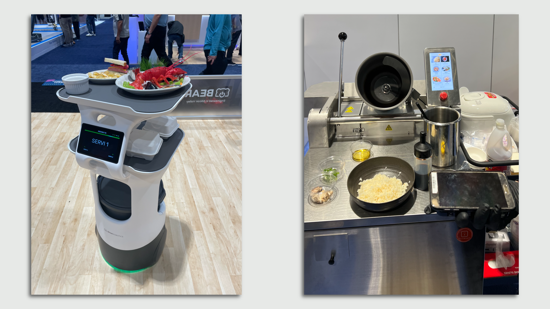 At left, a robot serving meals on a tray; at right, a stir-frying robot.