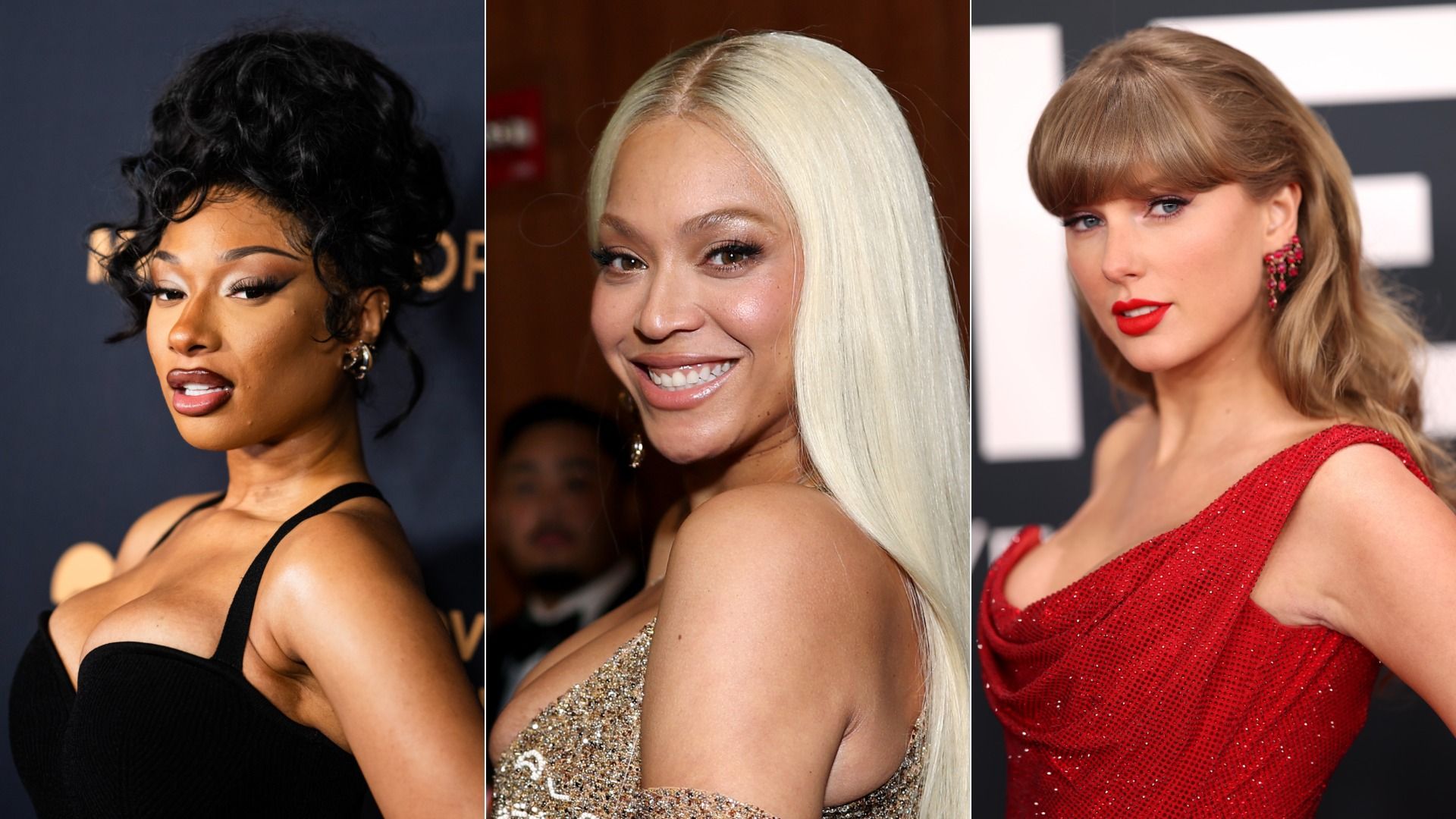 Megan Thee Stallion, Beyonce and Taylor Swift are shown in individual portraits positioned side by side. Megan has an updo hairstyle and is wearing a black dress. Beyonce is wearing a sparkly gold dress. Taylor is wearing a red dress.