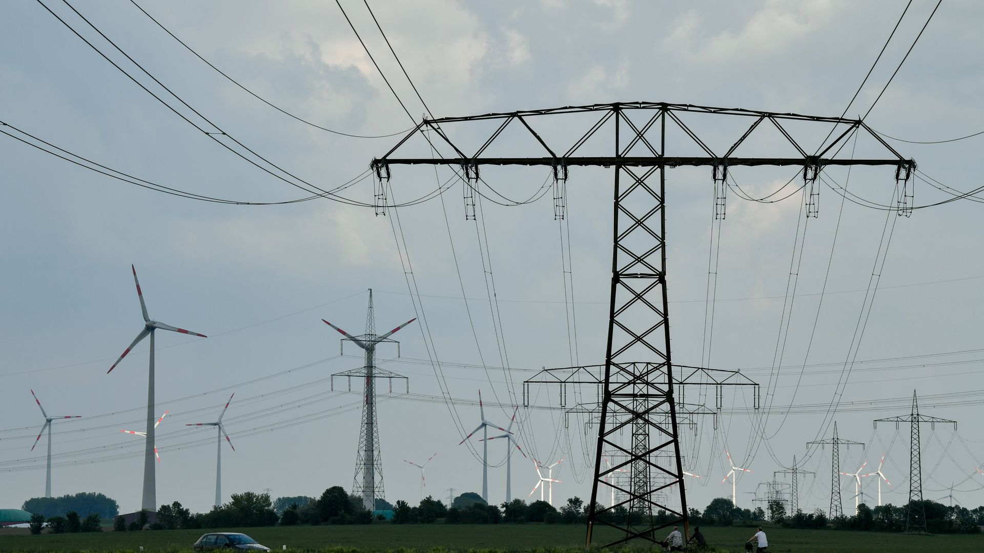 Power lines and wind turbines