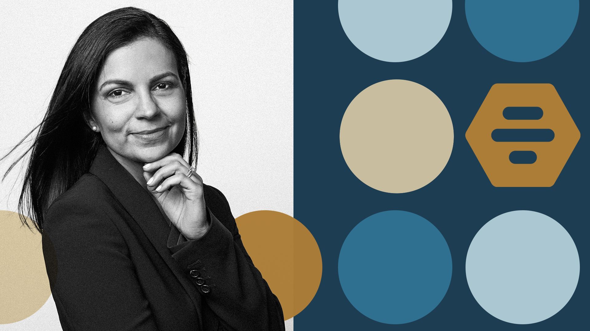 a photo illustration of bumble CEO Lidiane Jones surrounded by circles and the bumble logo 