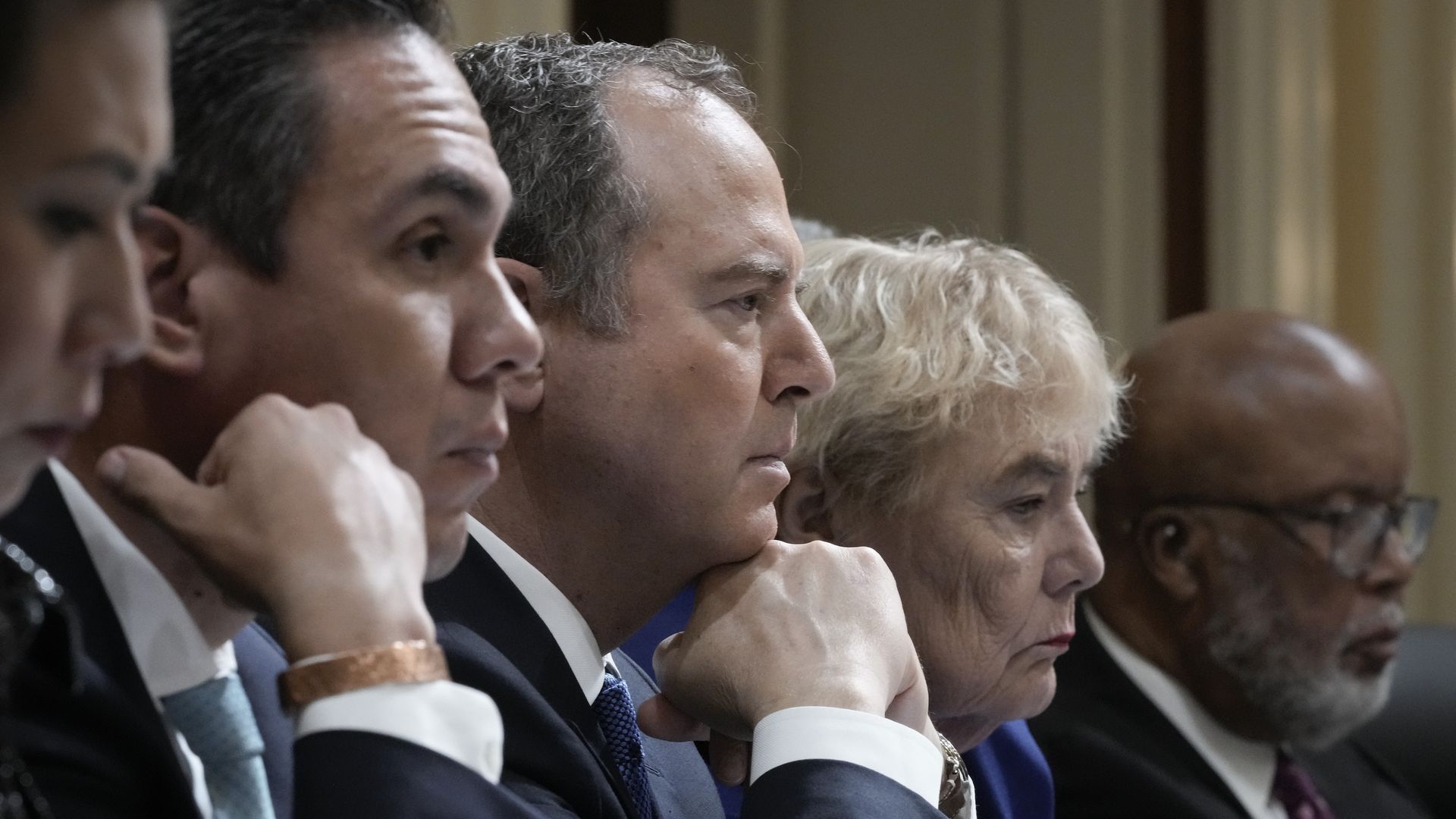 Jan. 6 committee members Stephanie Murphy, Pete Aguilar, Adam Schiff, Zoe Lofgren and Bennie Thompson sit at the dais at a committee hearing.