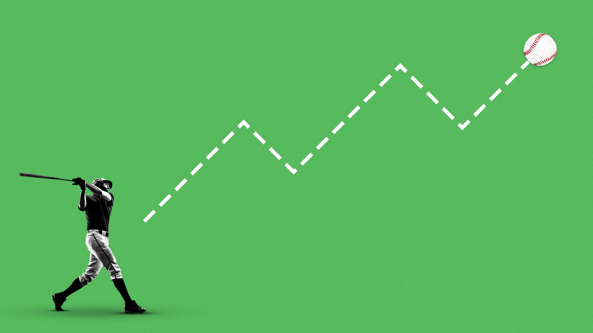 Illustration of a baseball player swinging a bat and a dotted white line trending upward ending with a baseball