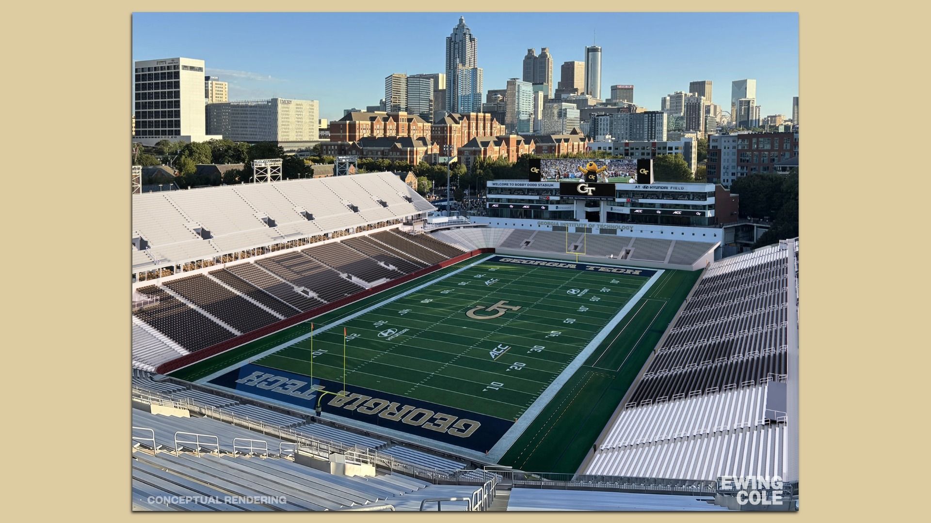 An empty college football stadium with a bright green field, the end zone reading "GEORGIA TECH," white seating, a large scoreboard, and a distant city skyline of tall buildings.