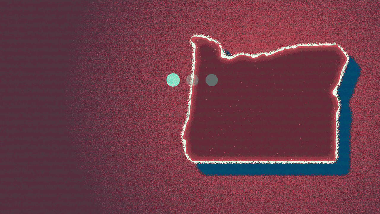Animated illustration of the state of Oregon glitching, with an ellipsis cycling through its dots on top of it.
