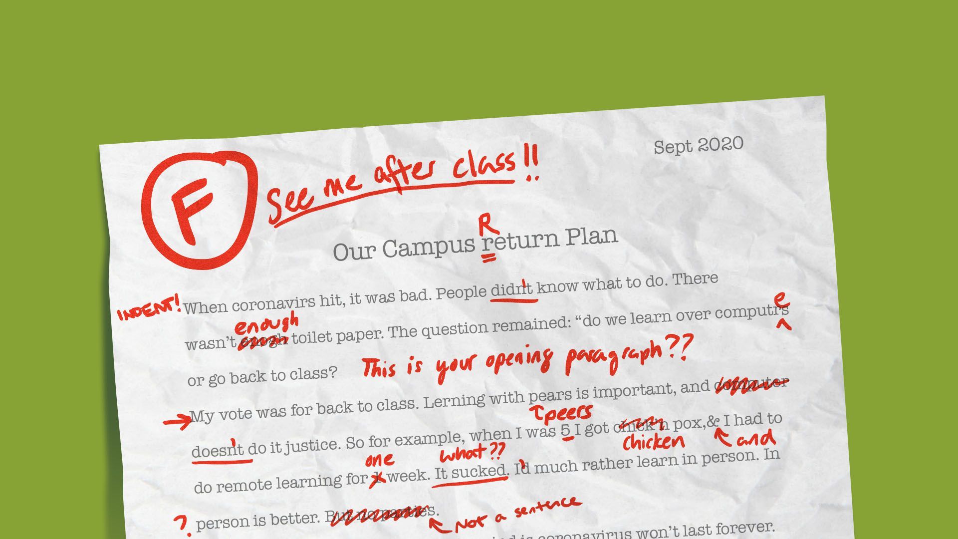 Illustration of an essay titled "Our campus return plan" with an F on it