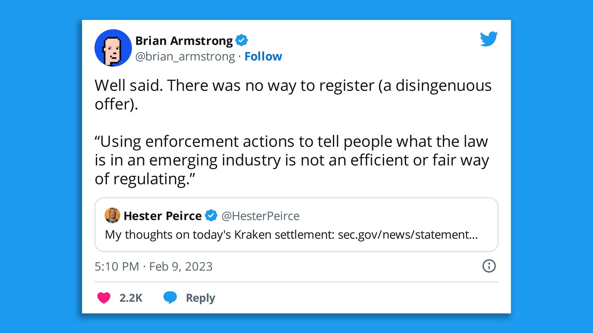 Coinbase Global CEO tweets support for SEC Commissioner Hester Peirce's dissenting opinion on staking