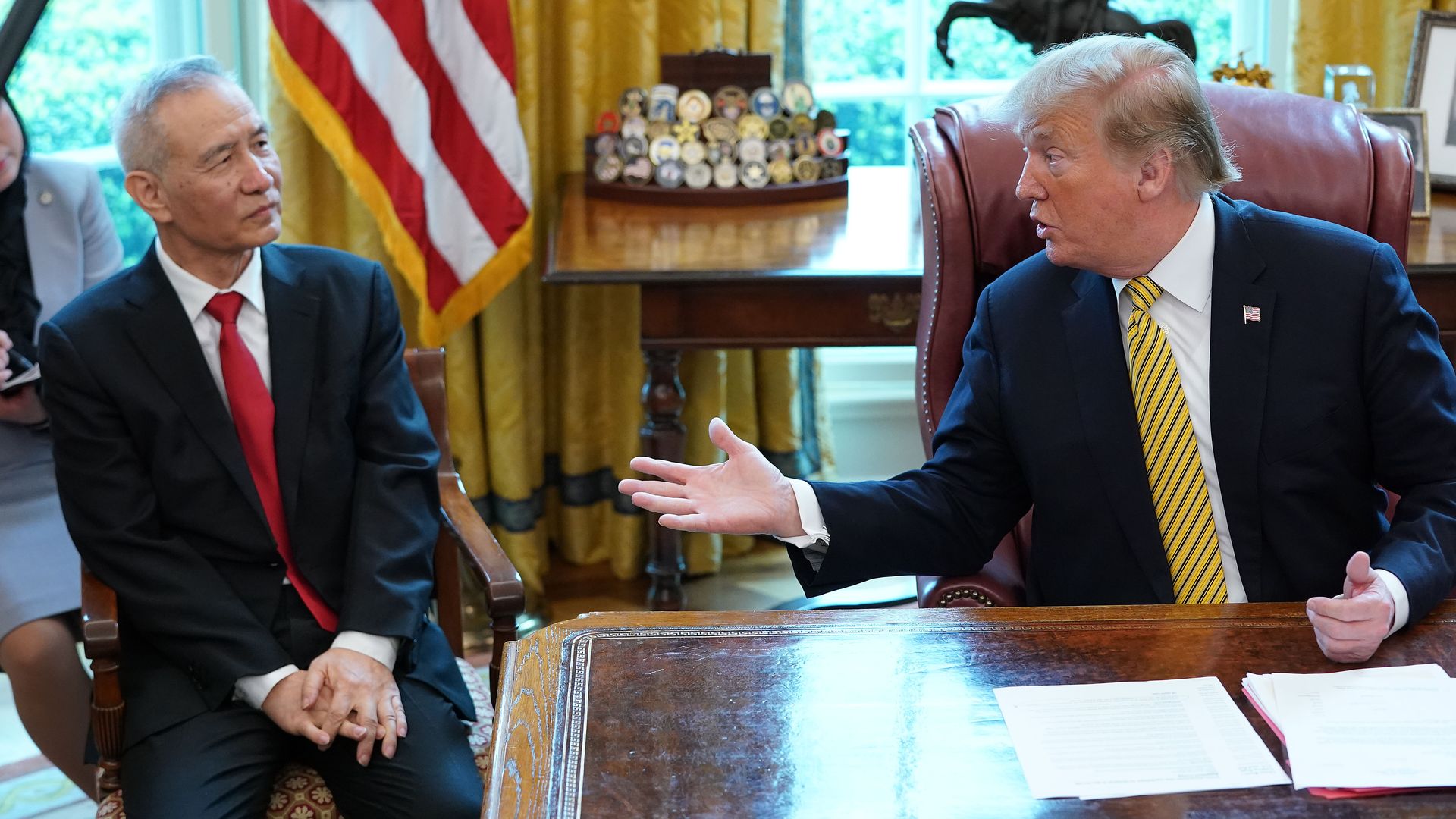 Trump and Chinese Vice Premier Liu He talk to reporters in the Oval Office last month. 