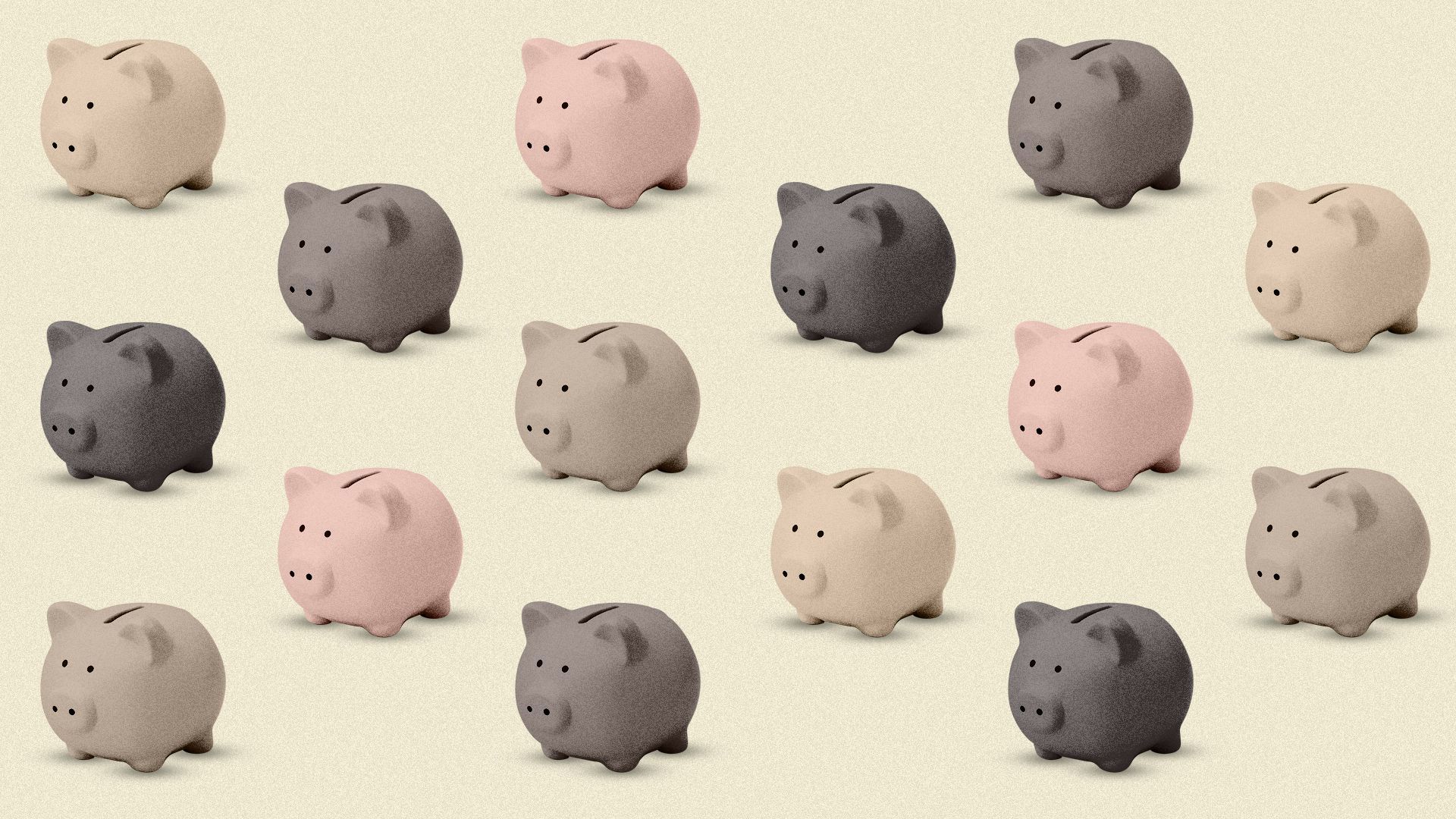 Illustration of a pattern of piggy banks in various shades of pink and brown.  