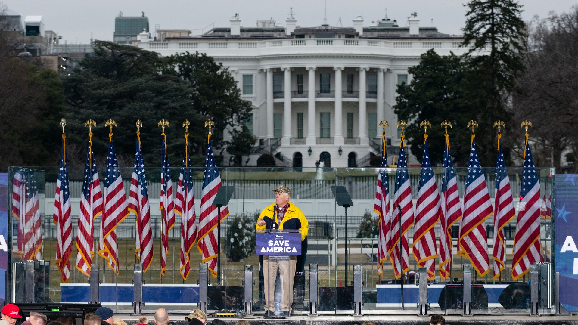 Rep. Mo Brooks is seen speaking at the rally preceding the Jan. 6 insurrection at the U.S. Capitol.