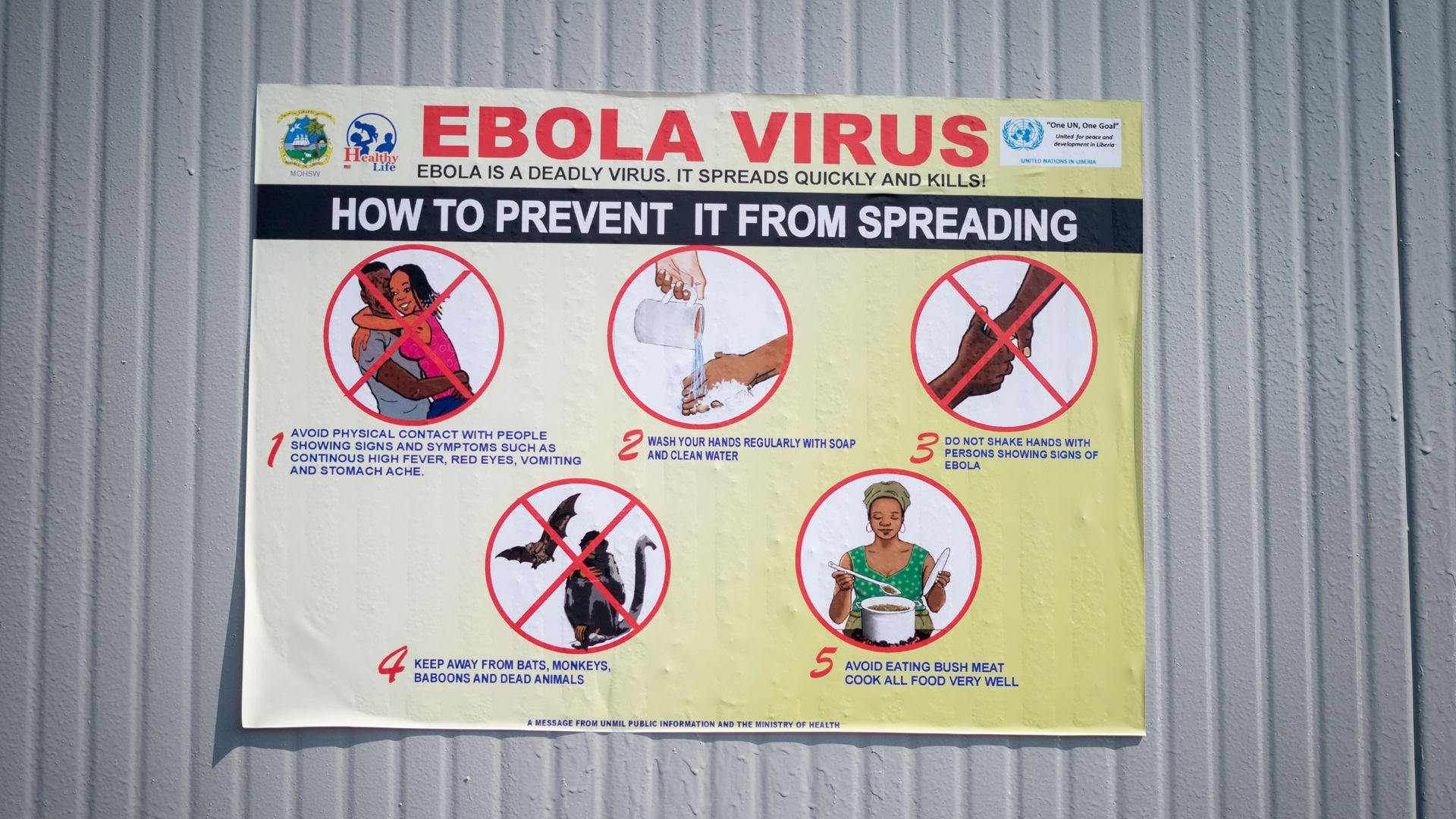 Picture of a sign that shows different ways to prevent ebola transmission