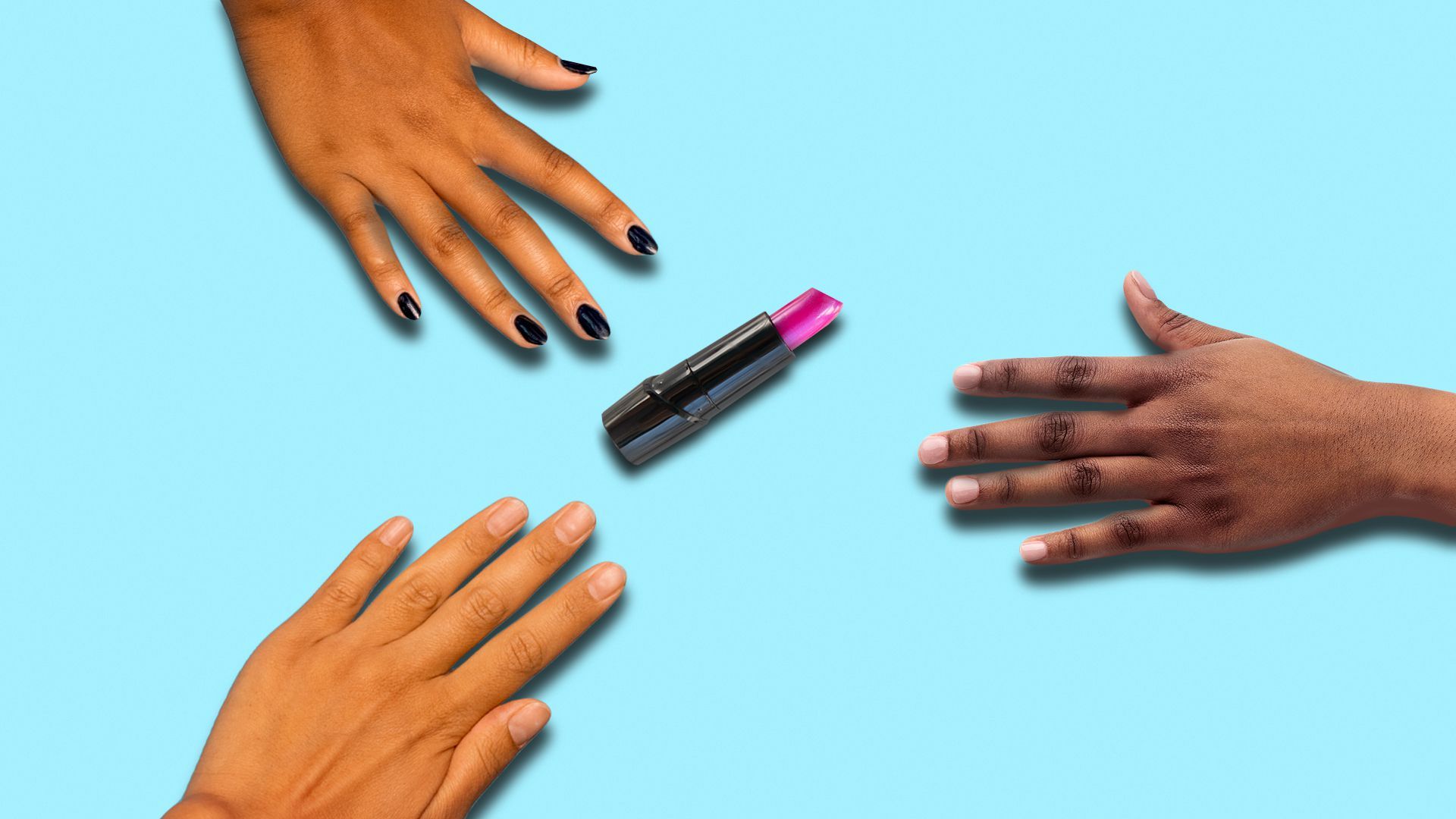 Illustration of three different hands reaching for one lipstick