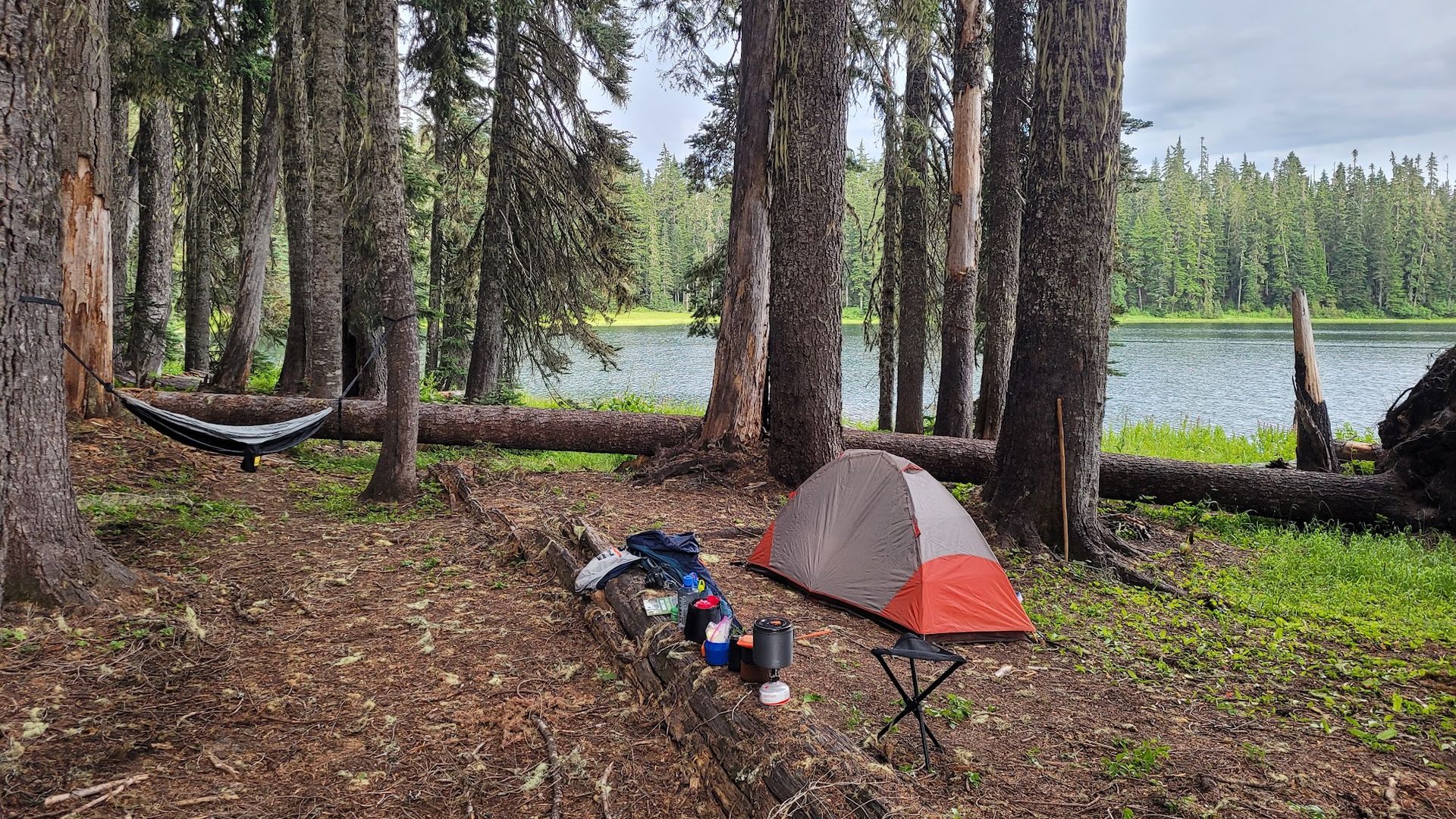 A small tent is set up in a peaceful setting among trees and near a lake with a hammock and other gear.
