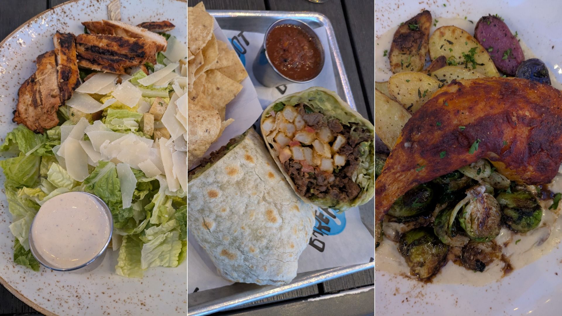 Three dishes: grilled chicken Caesar salad with romaine and Parmesan; steak and potato burrito with chips and salsa; roasted chicken leg with mixed potatoes and Brussels sprouts in creamy sauce.