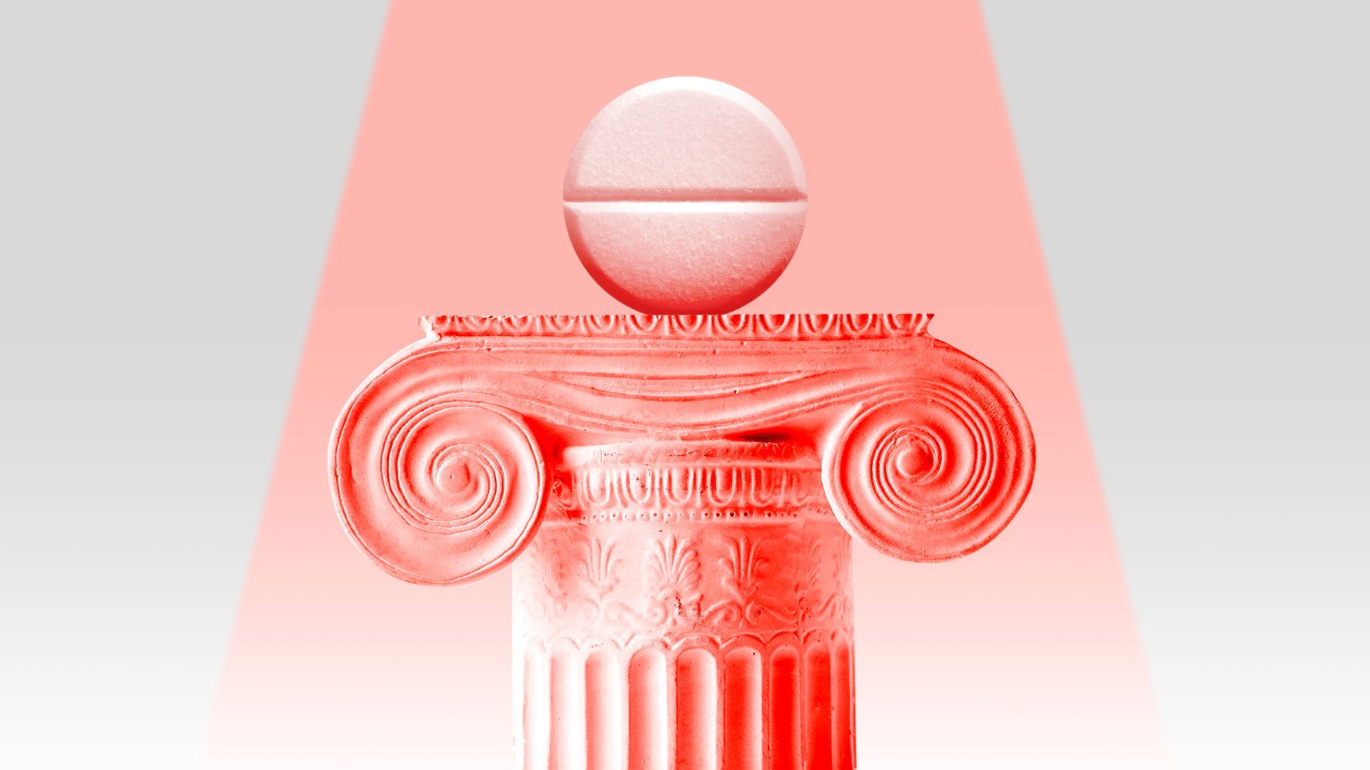 Illustration of a pill atop a column with a red spotlight on both