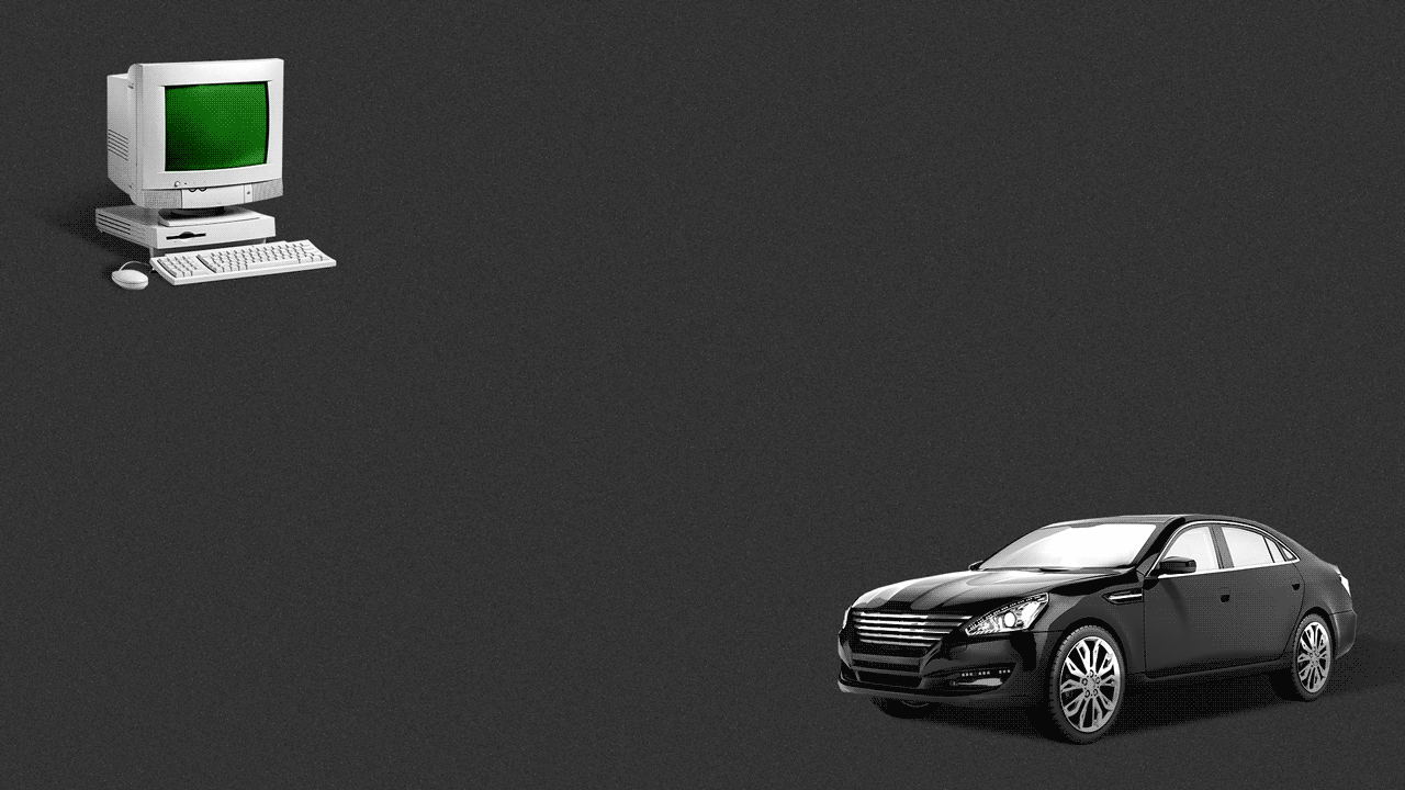 Animated GIF of a computer screen lighting up in conjunction with parts of a car being highlighted.