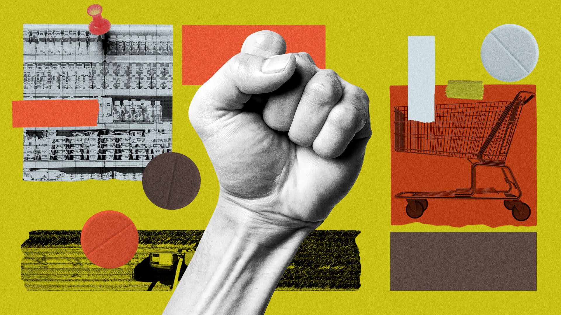 Illustration of a black and white clenched fist in the center with a yellow background. Surrounding images include a grocery shelf, a shopping cart over orange rectangles, and pill shapes.