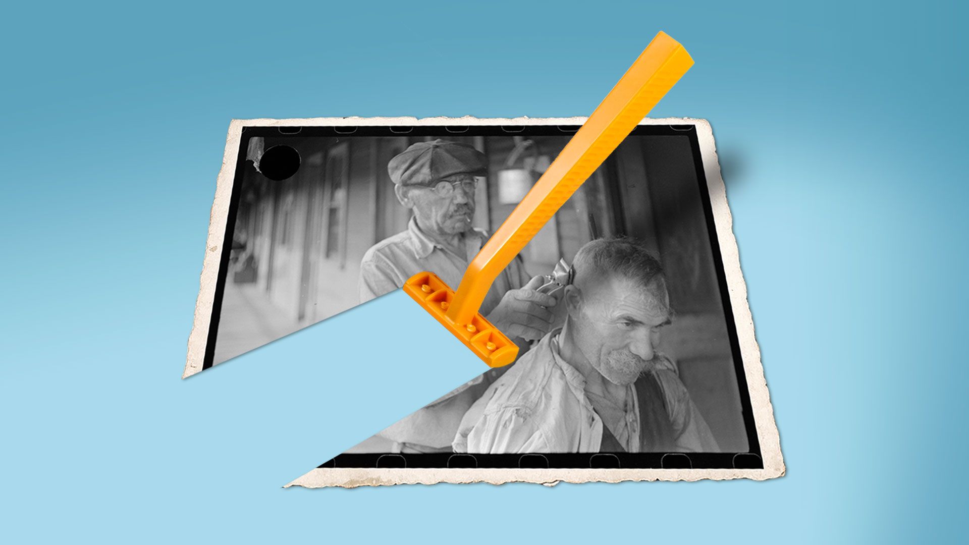 Illustration of a new shaving razor shaving away an old timey photograph of a barber.