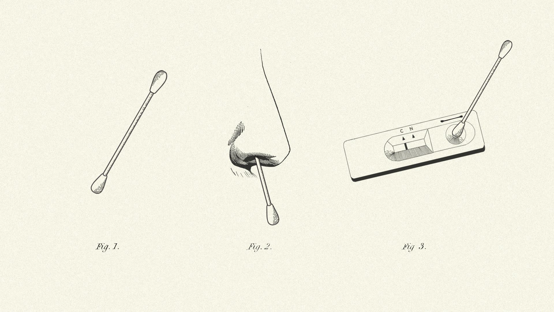 Illustration of three figures indicating how to use a rapid COVID test.