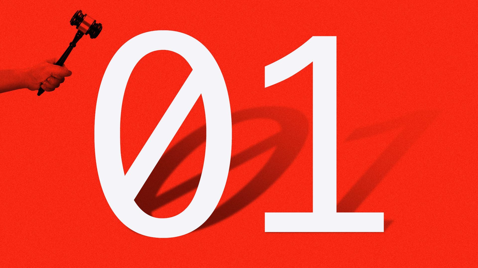 Illustration of a small hand and gavel next to giant binary code