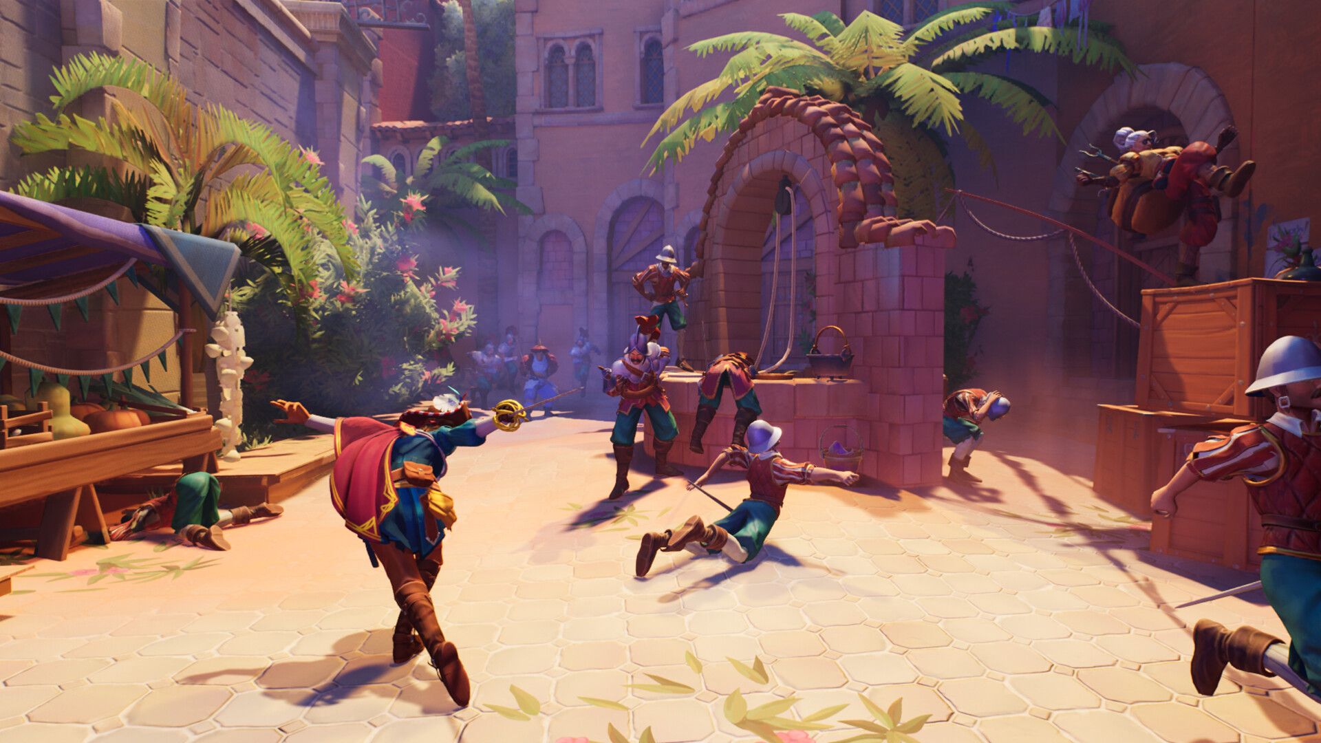 Video game screenshot of a swordfighter in a sunny street, as sword-wielding guards fall to the side