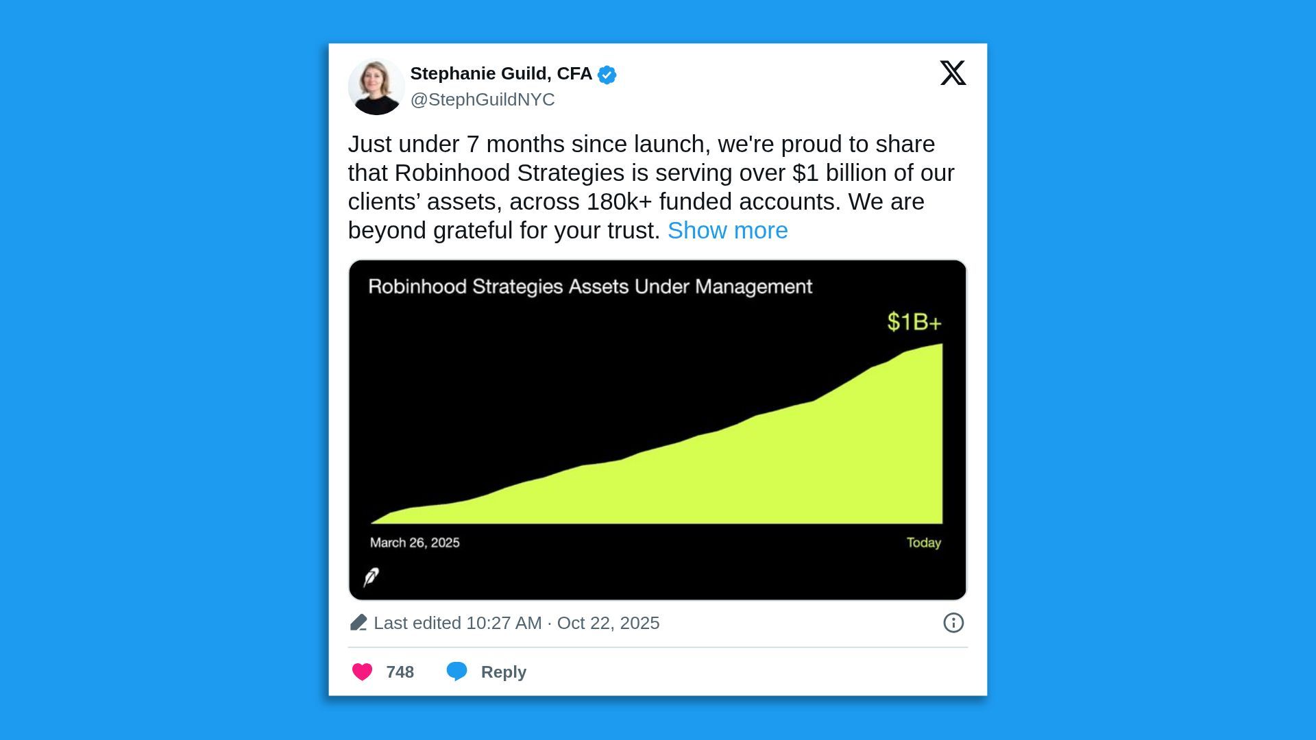 Tweet from Stephanie Guild sharing that Robinhood Strategies manages over $1 billion in assets across 180k+ accounts, with a chart showing steady growth since March 26, 2025 to today.