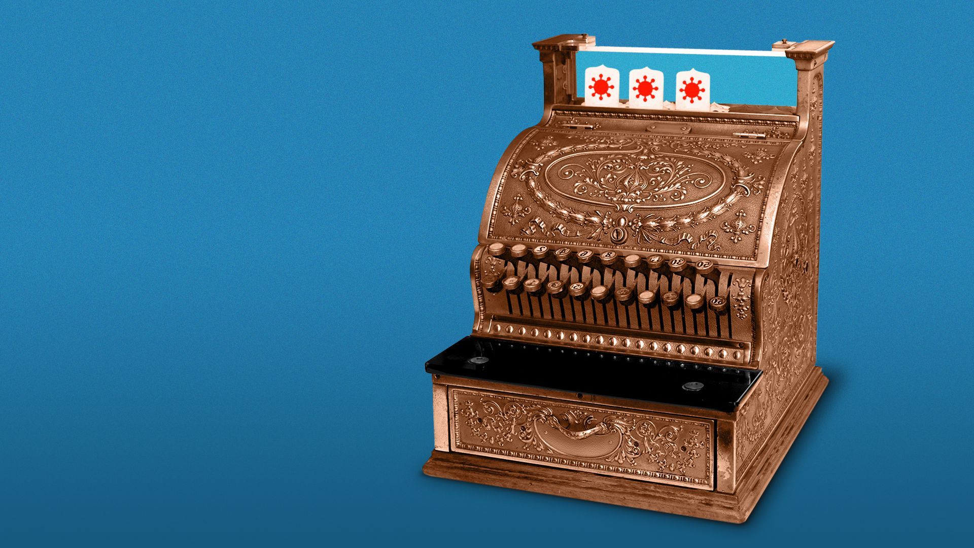 Illustration of a vintage cash register with covid cells on the display.