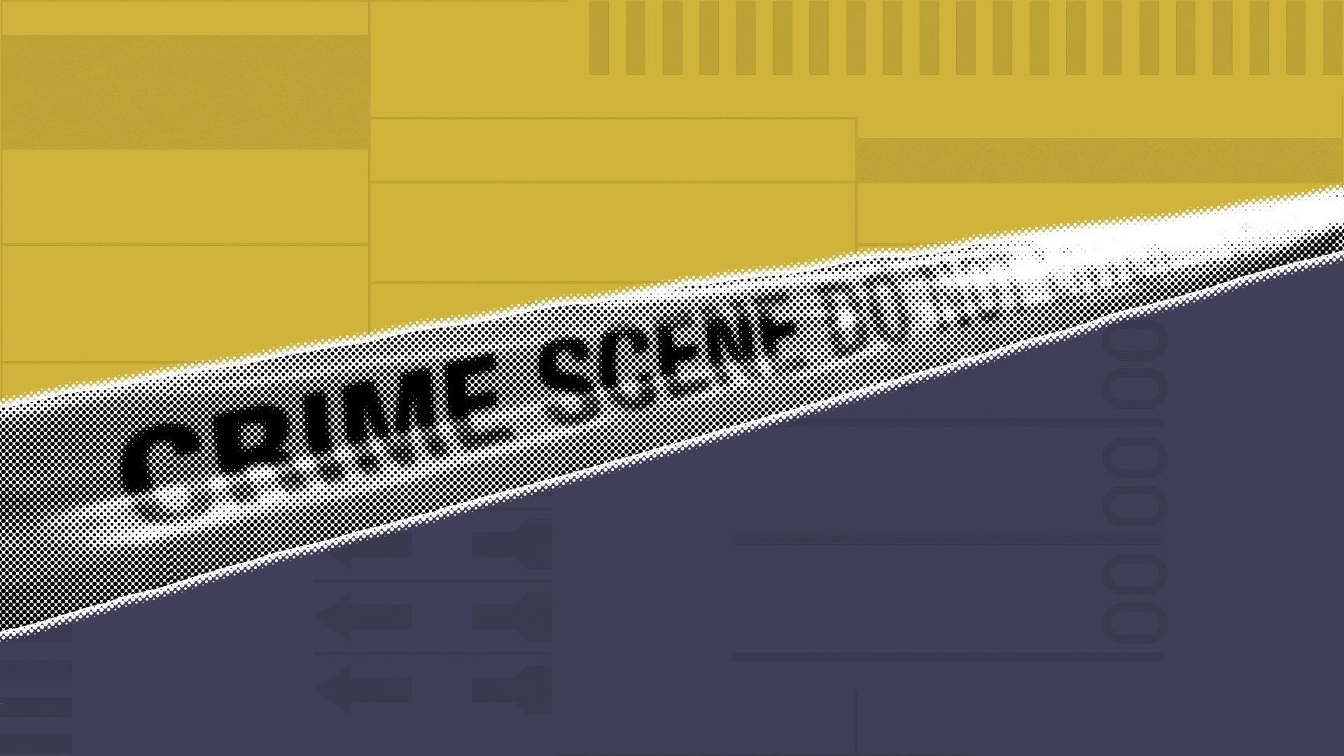 Illustration of crime scene tape over a divided yellow and blue background with elements of ballot scattered around it.