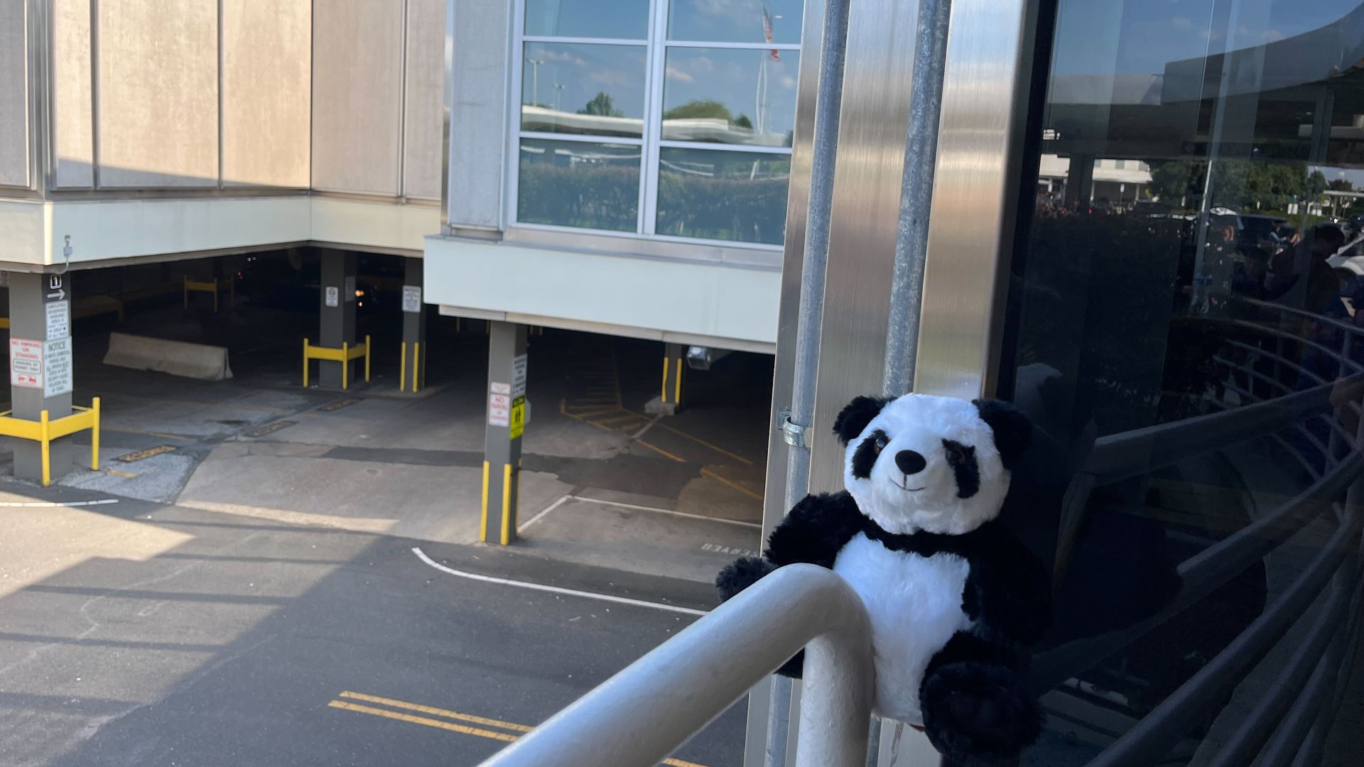 Stuffed animal panda Go-Go sits on a railing outside of a steel building with an American flag in the window's reflection.