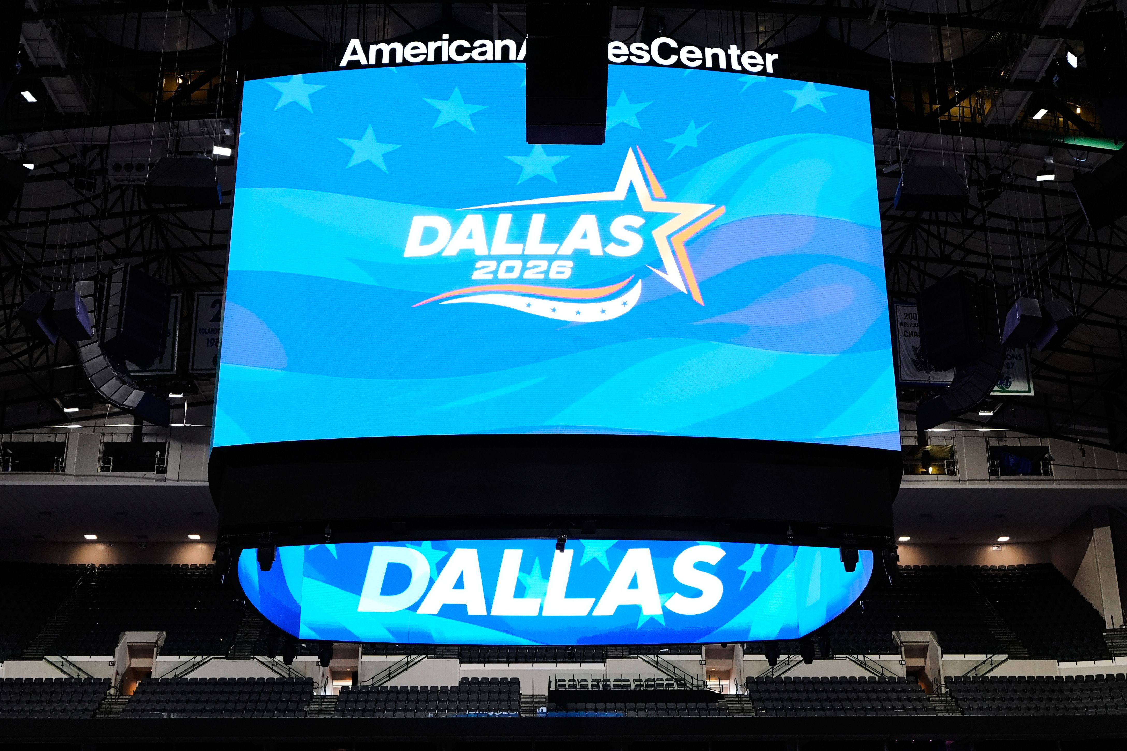 A large video board is shown inside American Airlines Center during a media walkthrough in Dallas, Wednesday, Aug. 5, 2026, ahead of the upcoming Republican National Convention. (AP Photo/Tony Gutierrez)