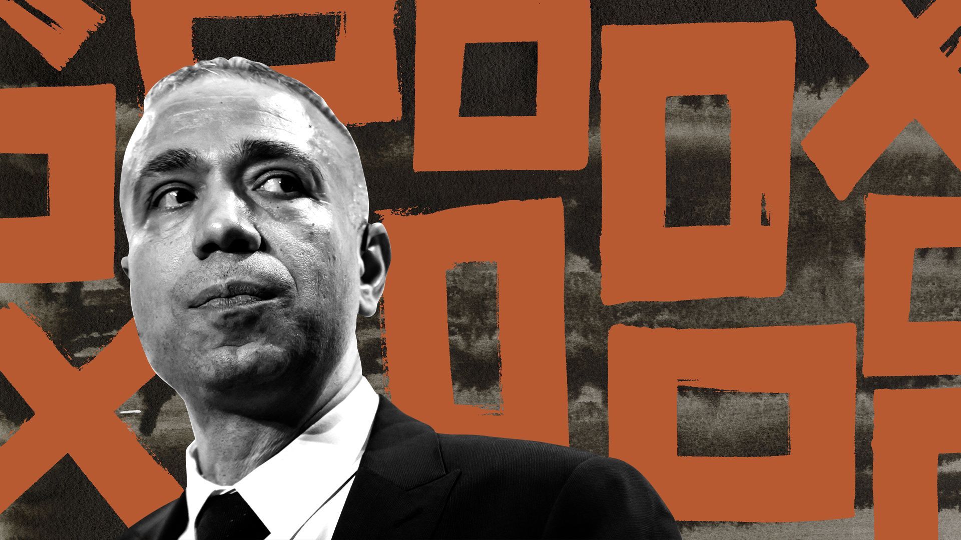 Photo illustration of Elnur Soltanov surrounded by giant abstract shapes of check boxes and X's.