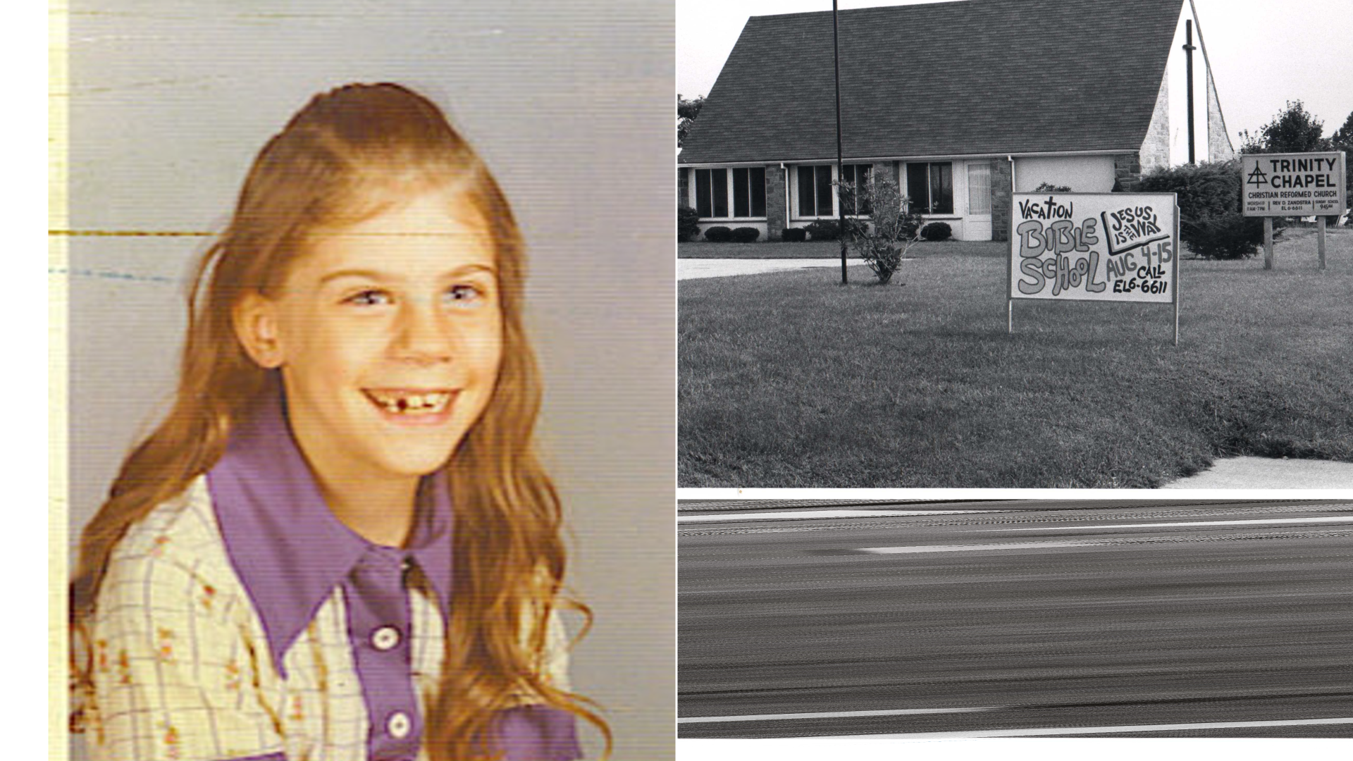 Gretchen Harrington, left, and the Marple Township chapel, right, she was walking to when she was abducted in 1975.