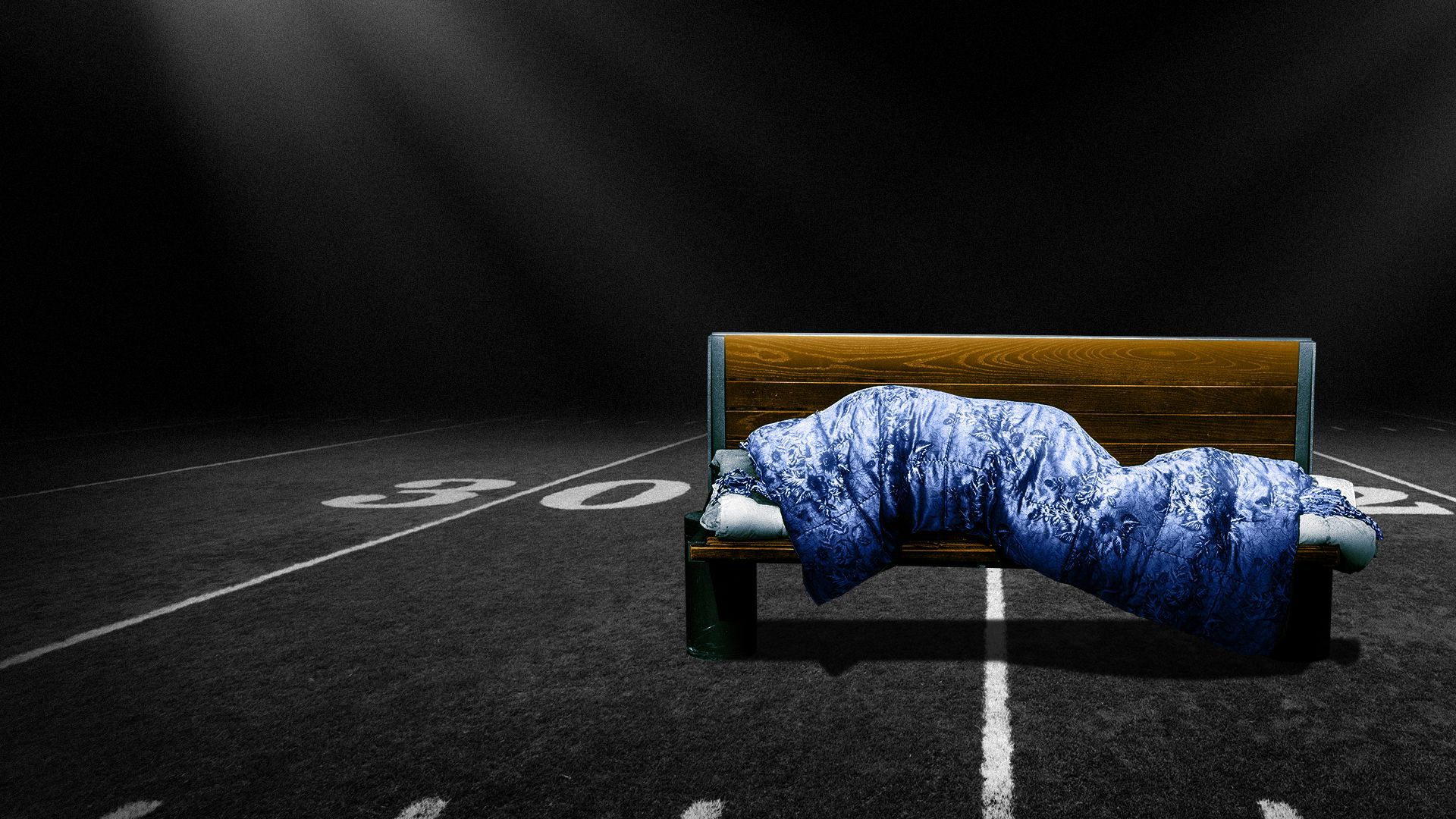 Illustration of a sleeping figure on a bench on a football field.