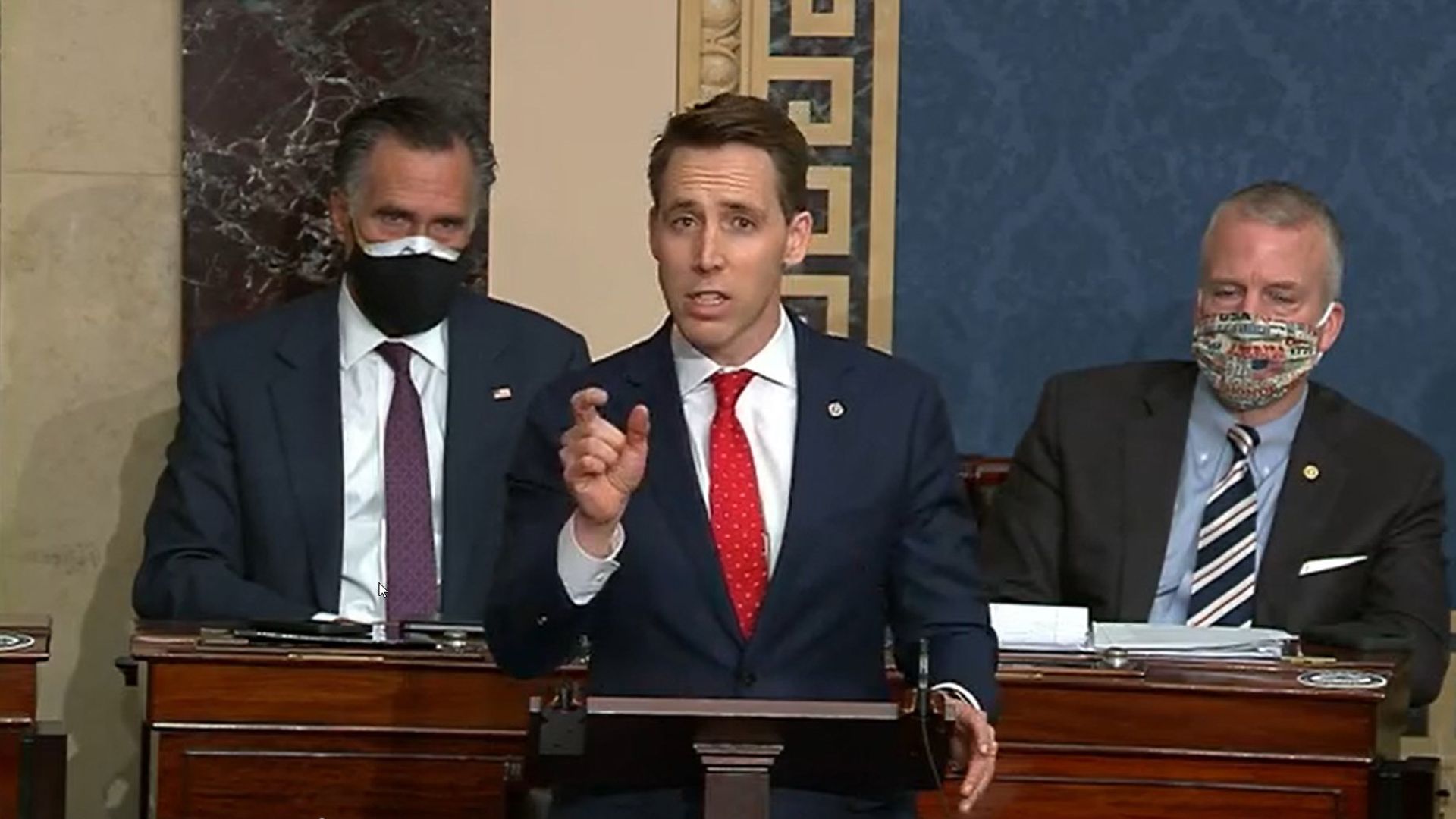 Sen. Josh Hawley is seen addressing his challenge to the 2020 election results just hours after the U.S. Capitol siege.