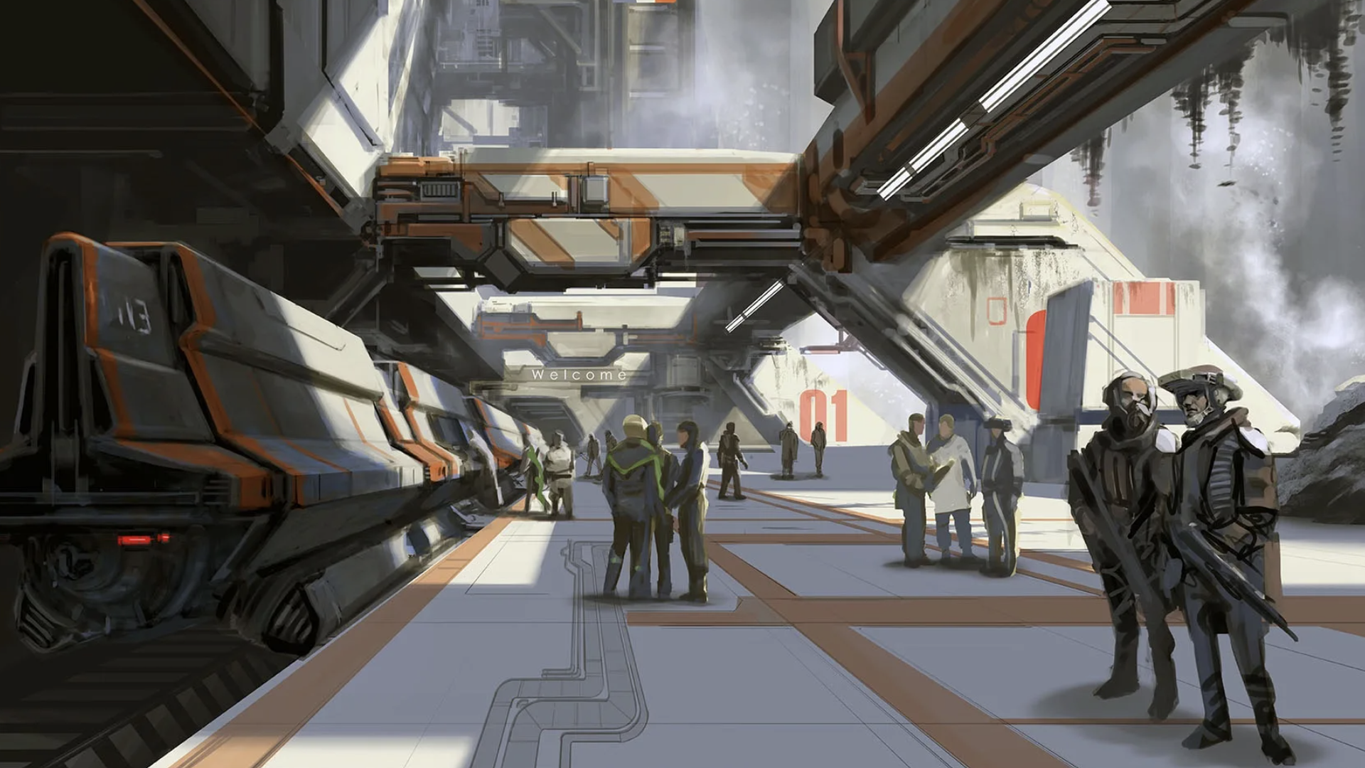 Concept art of a futuristic train station with passengers waiting on a platform