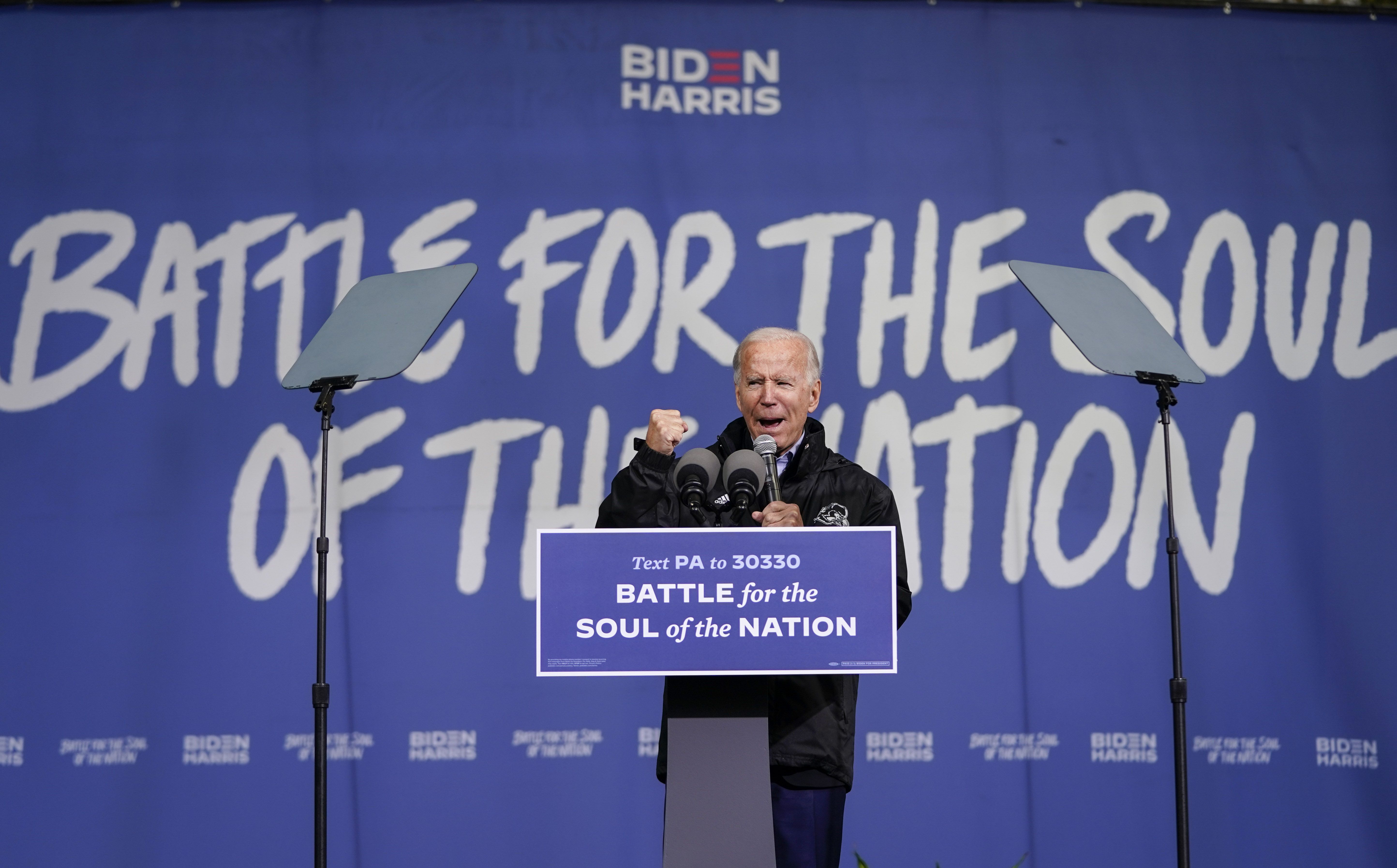  Democratic presidential nominee Joe Biden speaks at a get out the vote event at Sharon Baptist Church on November 01, 2020 in Philadelphia, Pennsylvania. 