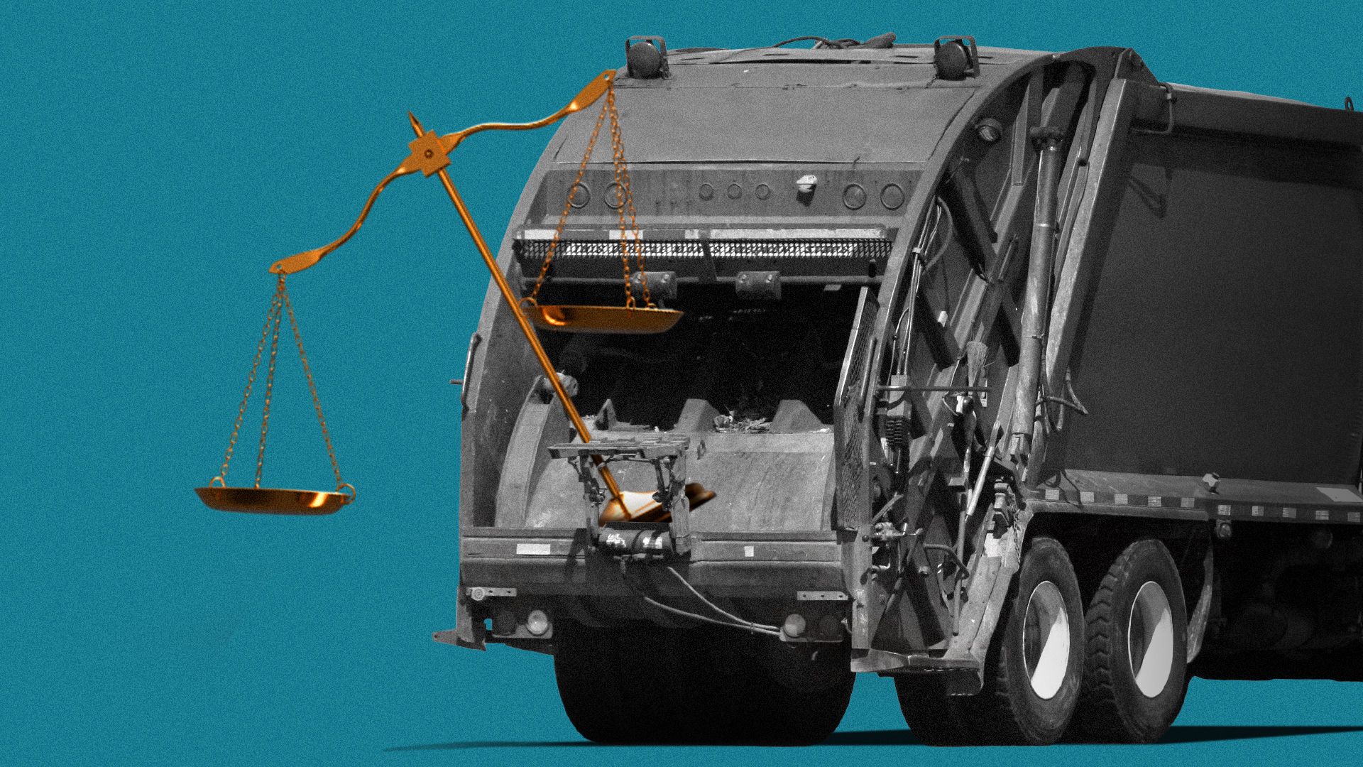 Illustration of the scales of Justice in the back of a garbage truck.