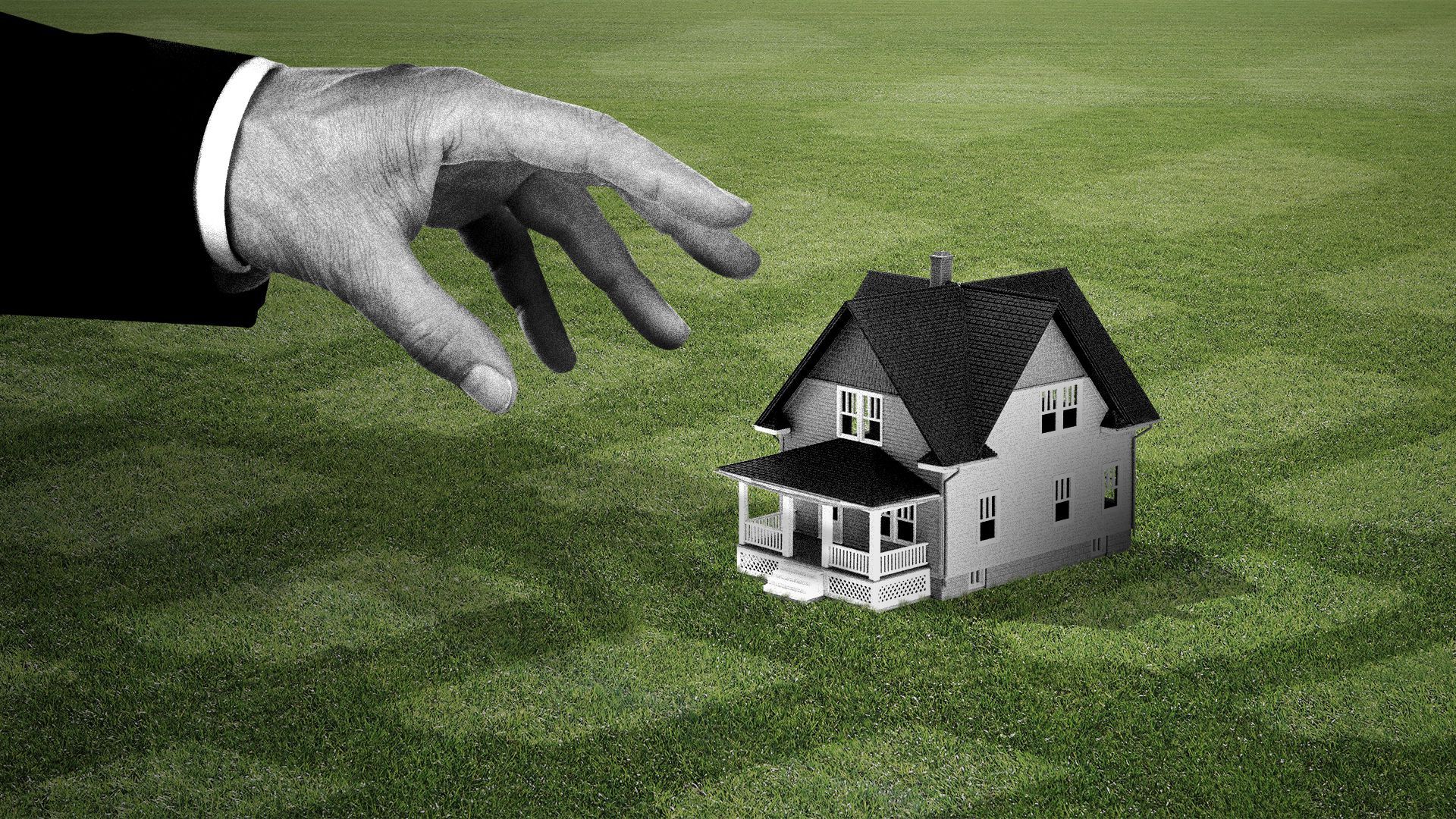 Illustration of a hand about to pick up the last house surrounded by leftover imprints of other long gone houses.  