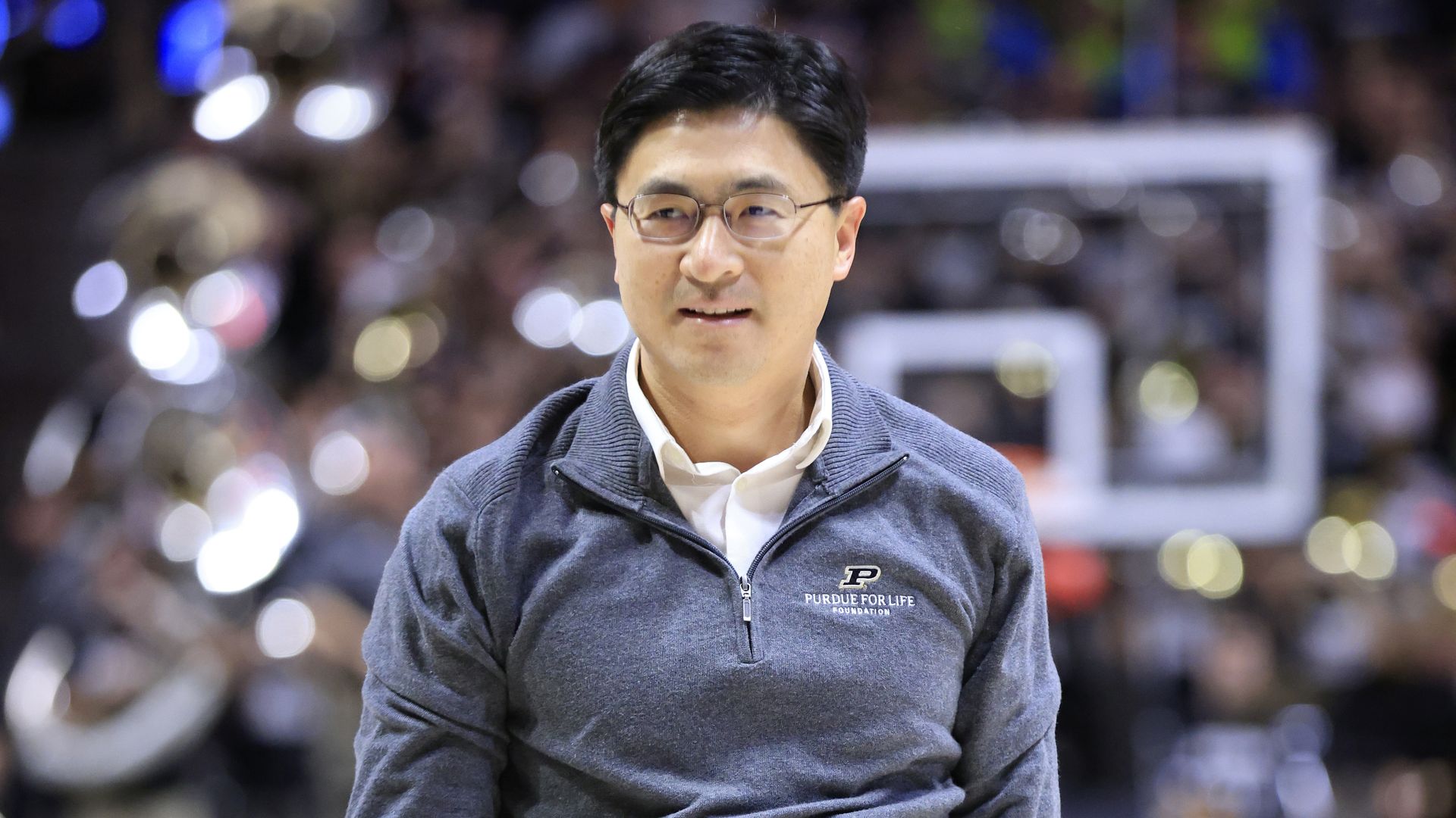 President of Purdue University Mung Chiang on the court in the game between the Maryland Terrapins and Purdue Boilermakers at Mackey Arena on January 22, 2023 in West Lafayette, Indiana.