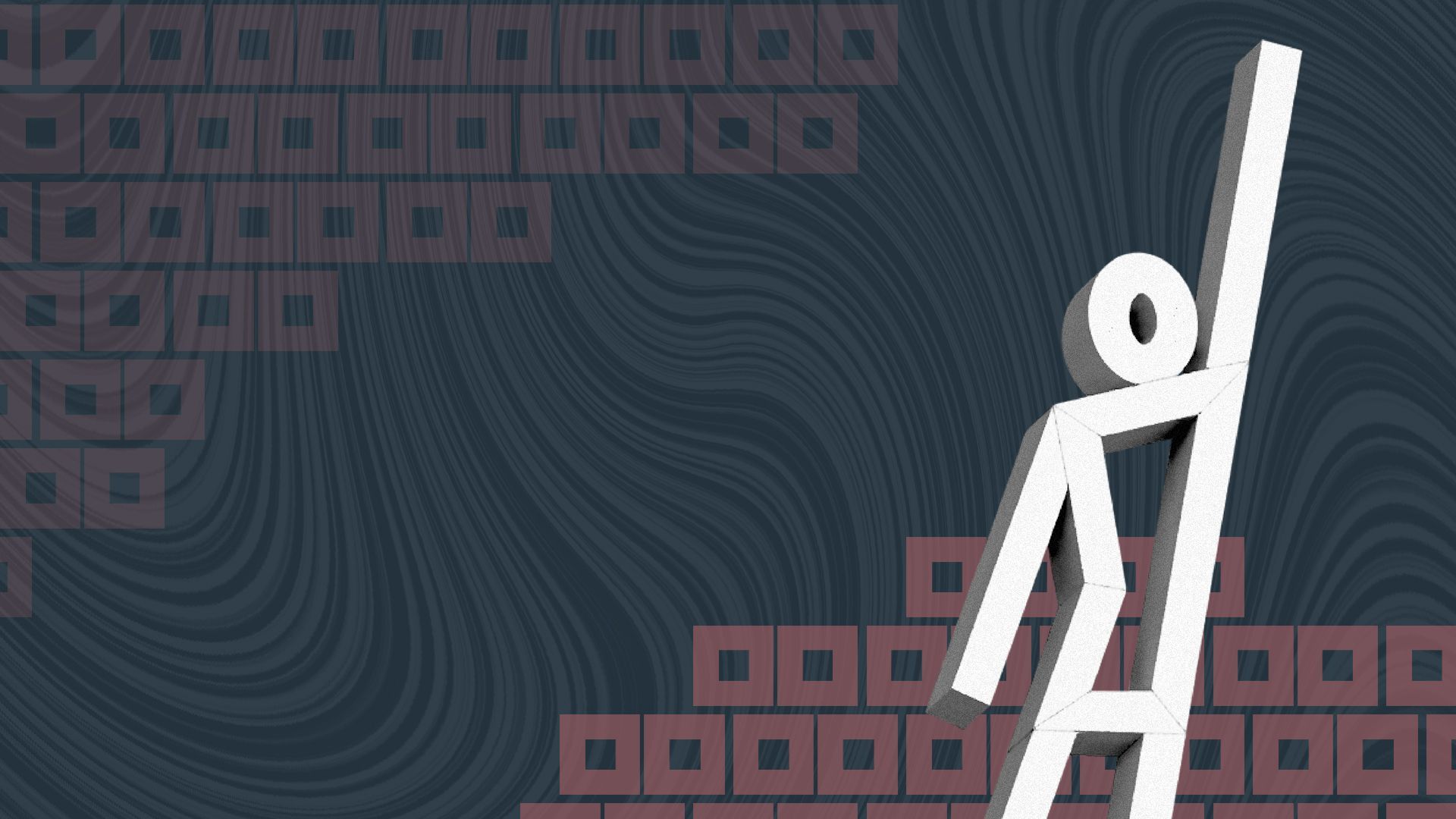 Illustration of a New Orleans Evacuteer sculpture against a background of a hurricane flag pattern and wavy blue lines.