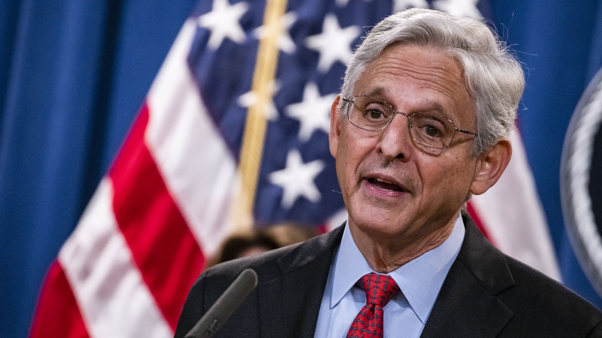 Merrick Garland, U.S. attorney general, speaks during a news conference at the Department of Justice