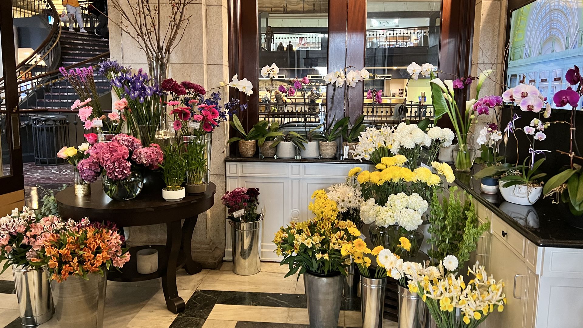 Flower arrangements inside a shop.