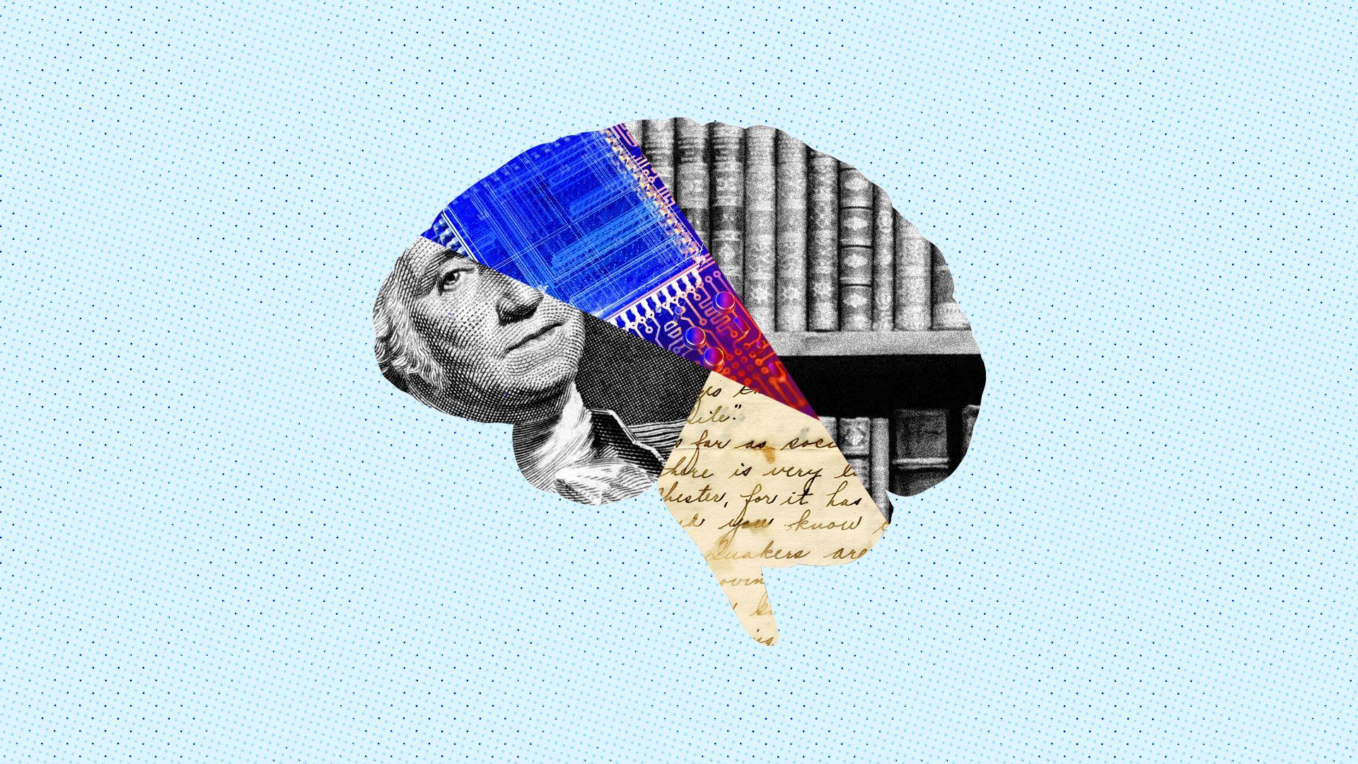 An illustration of the brain, split between a desire for money and knowledge