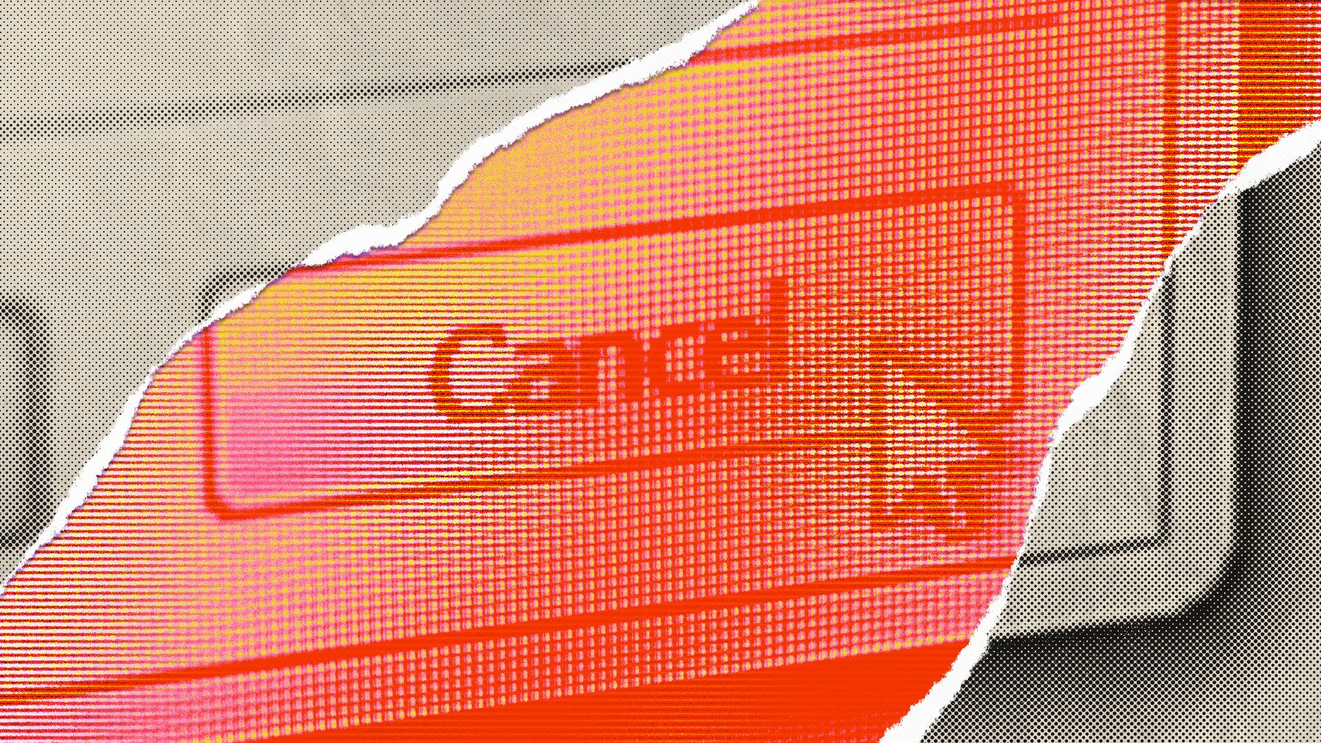 Illustration of a print image of a website cancel button with a tear in it revealing the same image rendered to look like a digital screen below the paper.