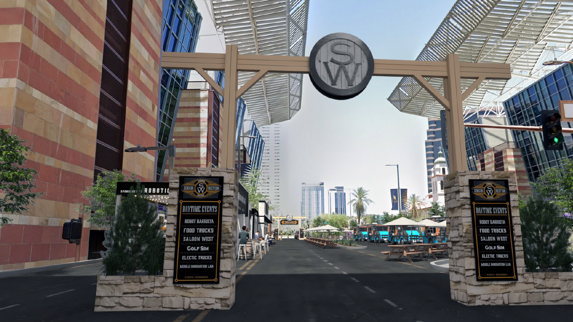 Outdoor event area between modern buildings with brown stone archway labeled SW, signs listing daytime events like robot barista and food trucks, picnic tables, and people seated.