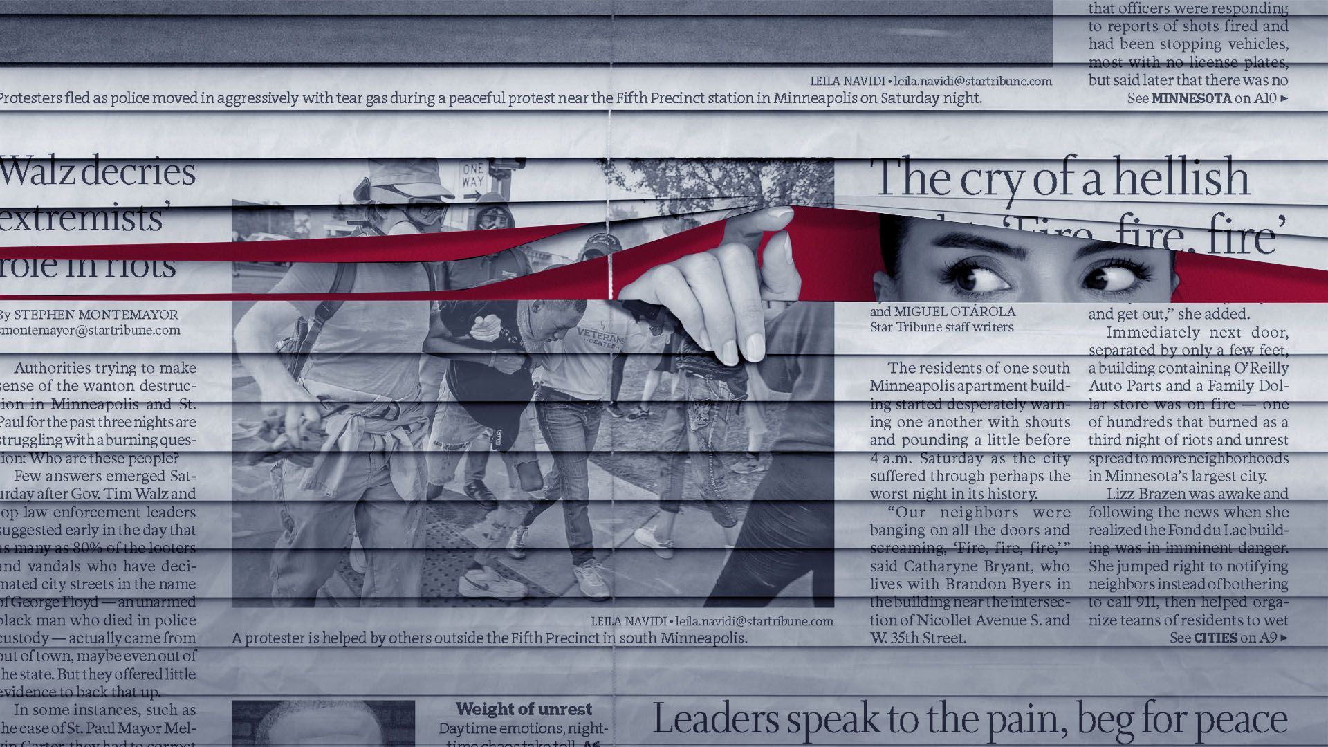 Photo illustration of a woman looking suspiciously out blinds made out of newspaper