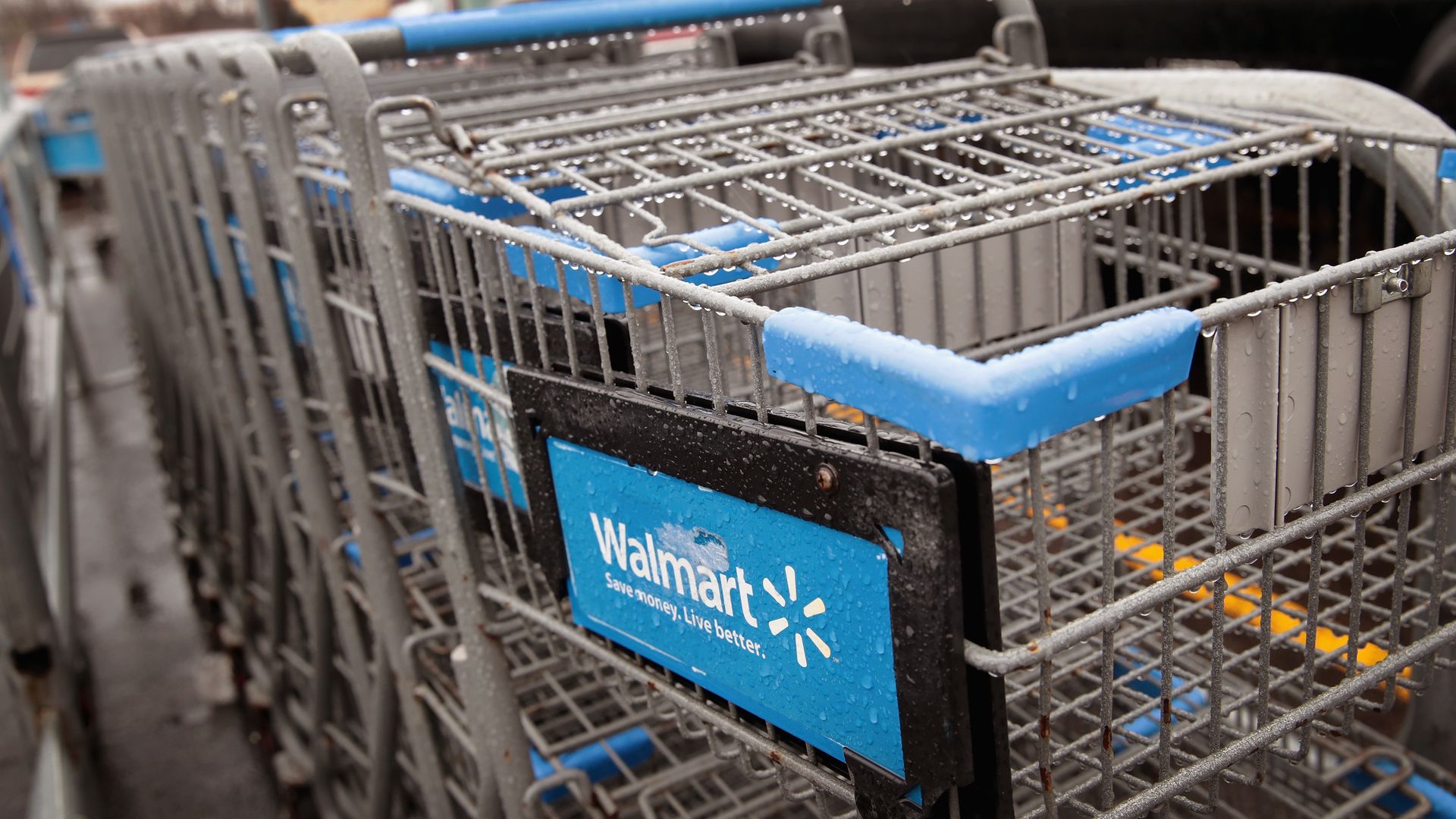 Close-up of metal Walmart shopping carts with blue handles, frost droplets on the wire grid, lined up in a parking lot.