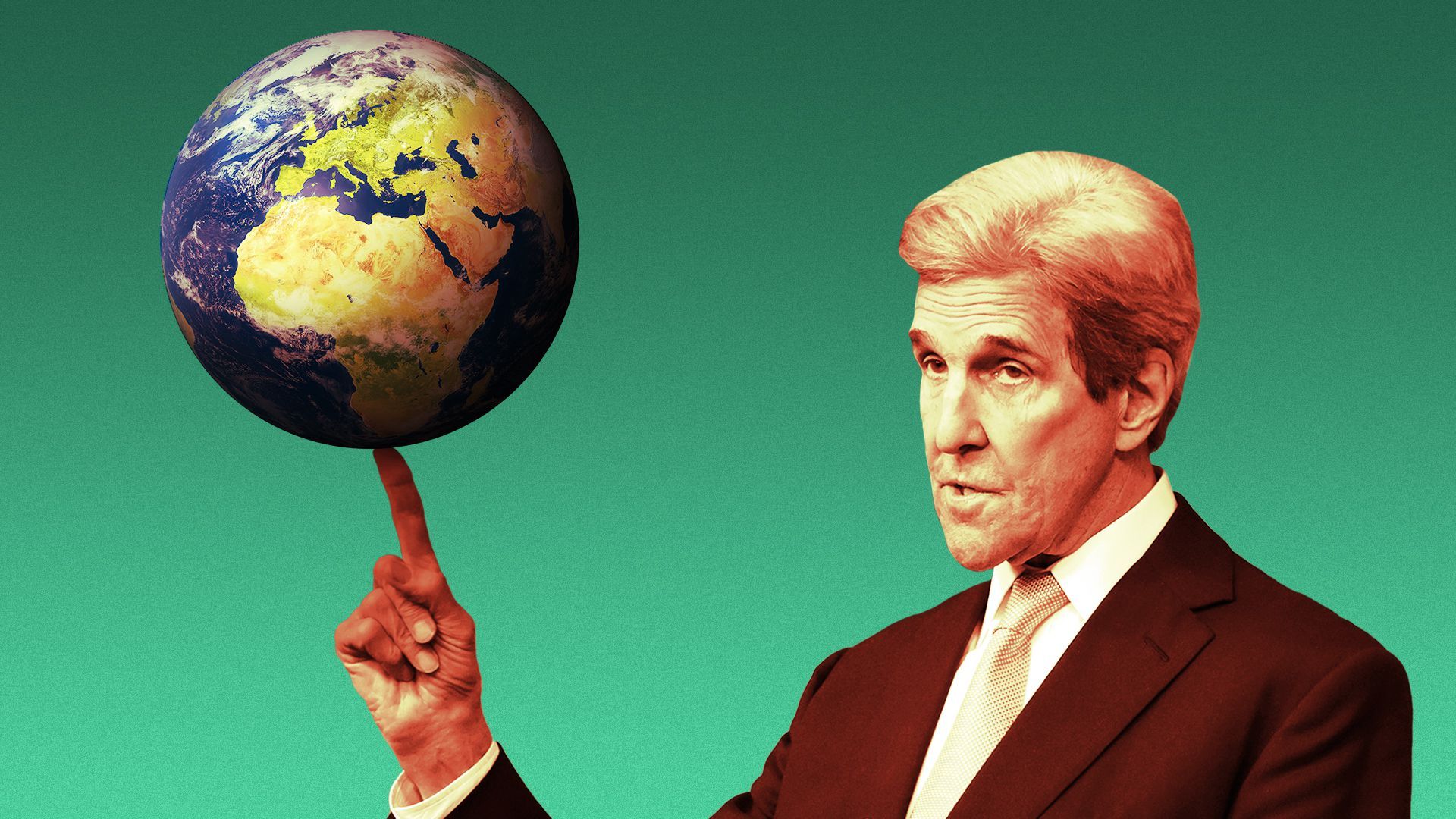 Photo Illustration of John Kerry balancing Earth on his finger.