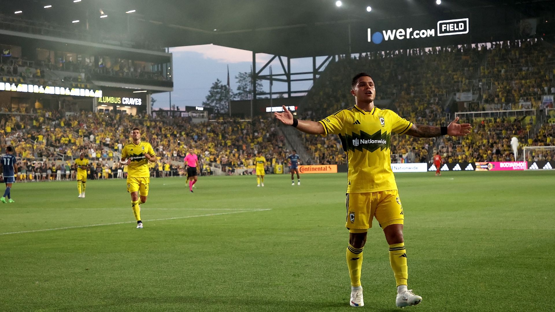 Former Crew striker Cucho Hernandez celebrates after scoring a goal at Lower.com Field