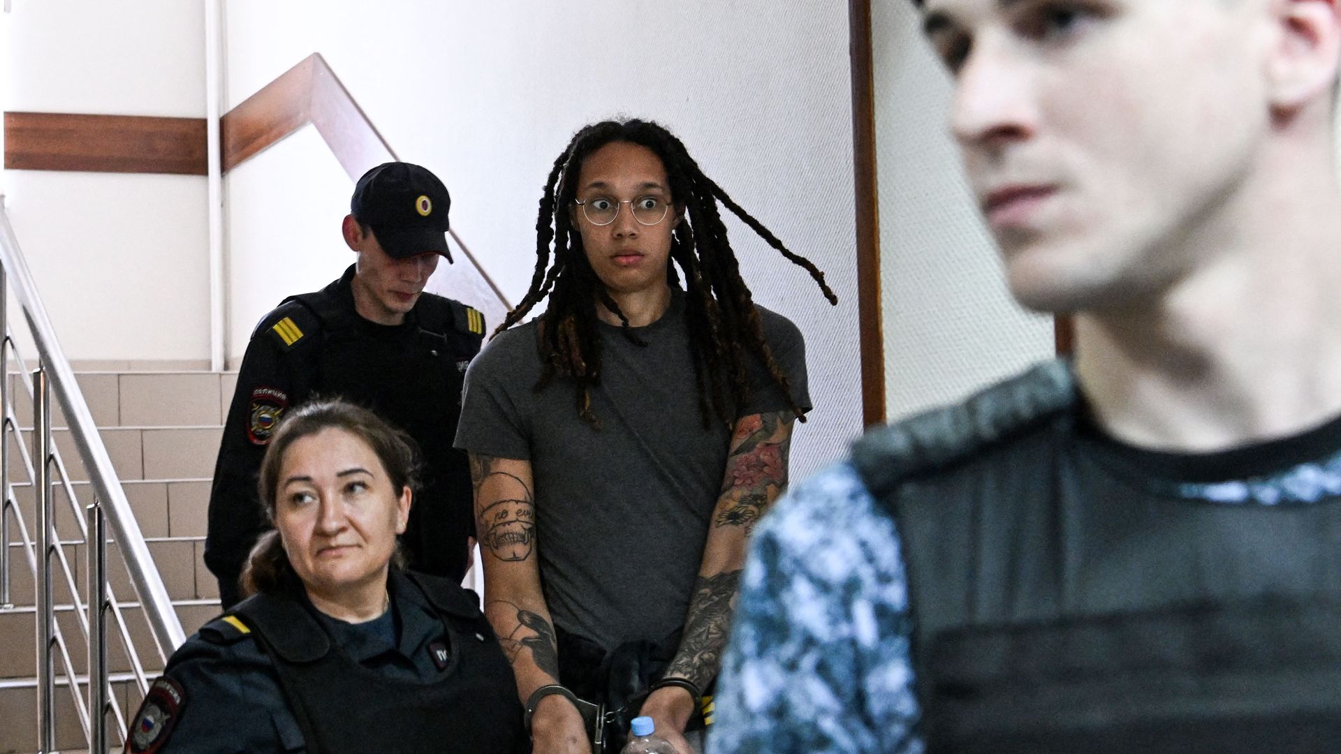 WNBA basketball superstar Brittney Griner arrives to a hearing at the Khimki Court, outside Moscow on June 27, 2022.