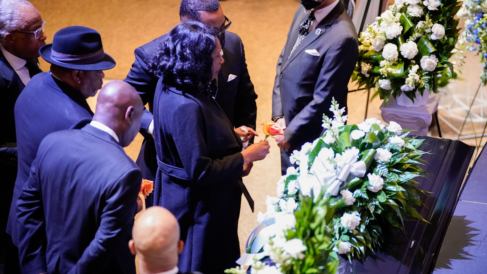 RowVaughn Wells, Tyre Nichols' mother, and Rodney Wells, his stepfather, in front of his casket in a Memphis church on Feb. 1.